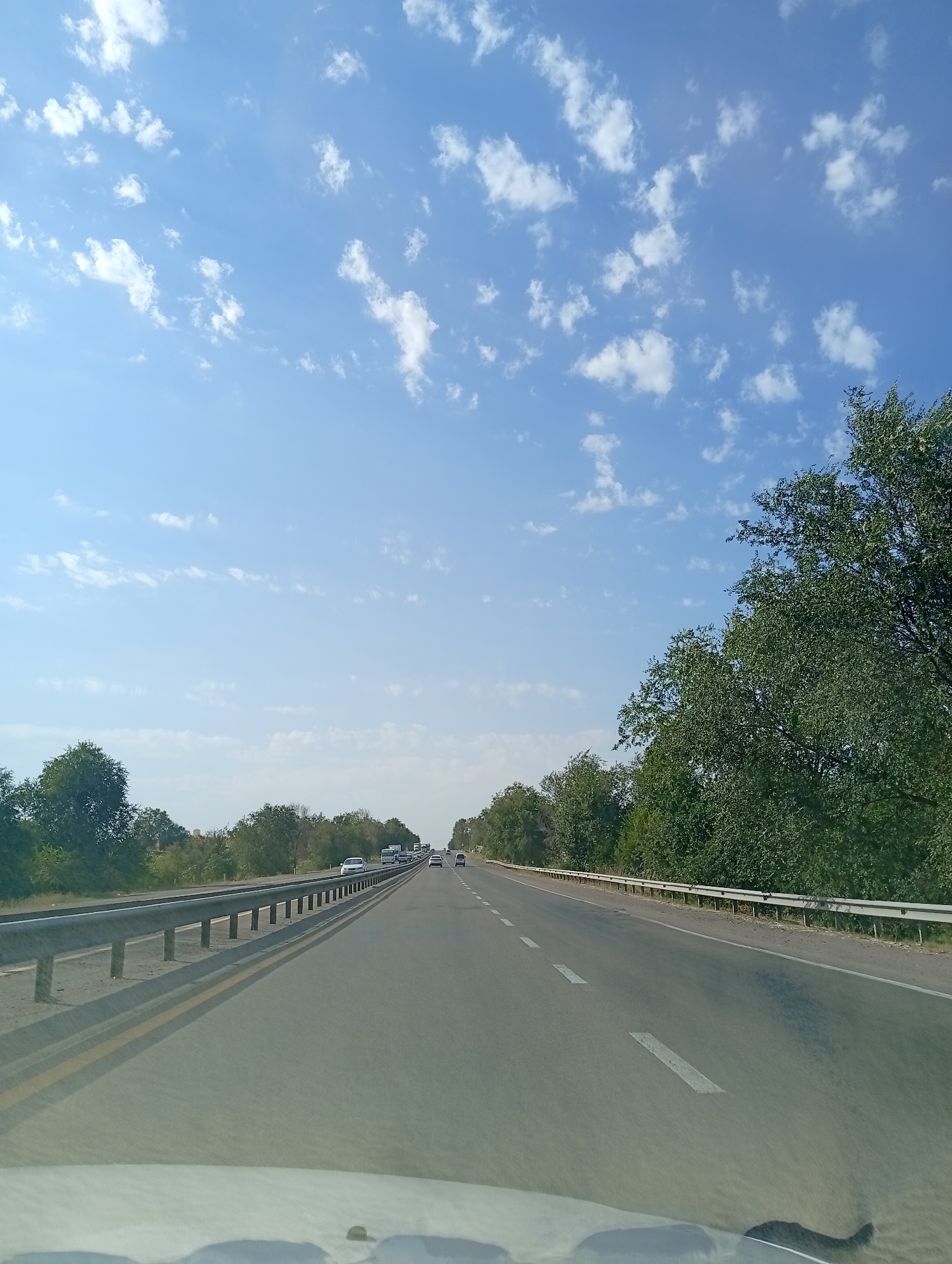 The image shows a view from a vehicle traveling on a highway in Dustlik, Uzbekistan. The highway is paved with asphalt and has white lane markings. A metal guardrail runs along the left side of the road. On either side of the highway, there are trees and vegetation. The sky is blue with scattered white clouds. Several vehicles, including cars and a bus, are visible on the highway in the distance. The sun appears to be shining, casting shadows on the road. The foreground of the image shows the hood of the vehicle from which the picture was taken.
