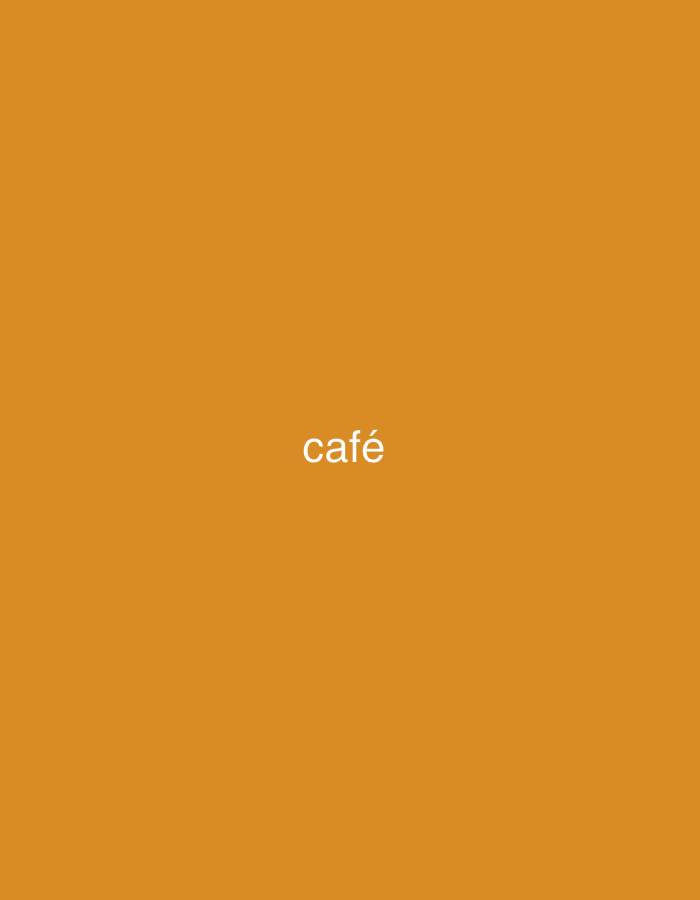The image is a minimalist graphic featuring a solid, uniform background in an earthy orange-brown hue, akin to dark mustard or light rust. Centrally positioned on this background is the white word "café," rendered in a clean, sans-serif typeface, with the accent mark over the 'e' clearly visible. There are no other subjects, objects, or activities depicted. The scene offers no visual cues regarding time of day, weather, or specific geographical location. The composition is simple and focuses solely on the text against the colored backdrop.