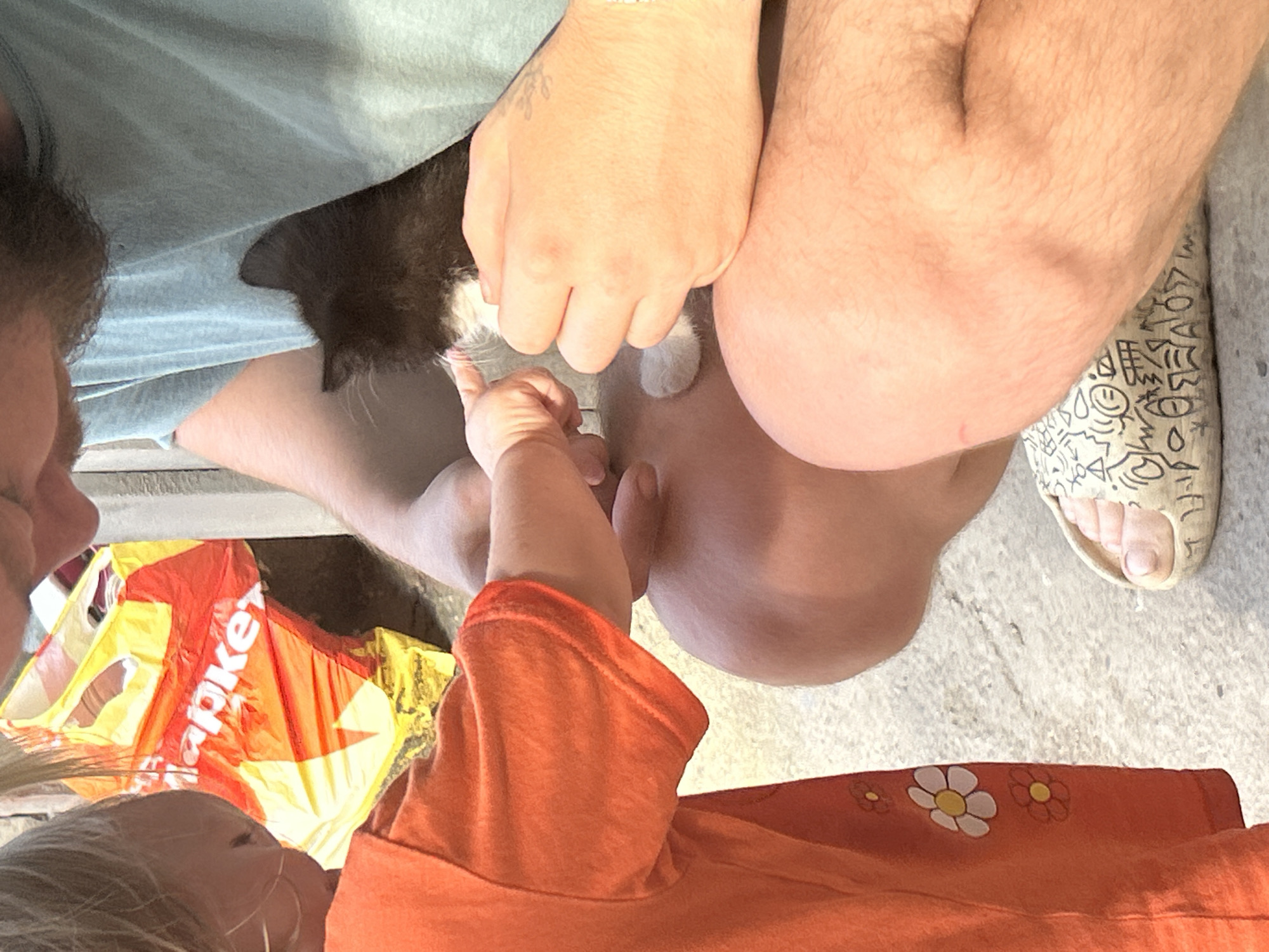 The image shows a close-up of a person holding a black and white kitten. The kitten is nestled in the person's arms, with its head peeking out. The person's hand is visible, gently stroking the kitten. In the background, a child wearing an orange shirt is visible, as well as a shopping bag with the text "Apker" printed on it. A person's leg with a sandal is also in the frame. The setting appears to be outdoors, possibly a sunny day. The focus is on the interaction between the person and the kitten, suggesting a moment of affection and comfort. The overall tone of the image is warm and tender.