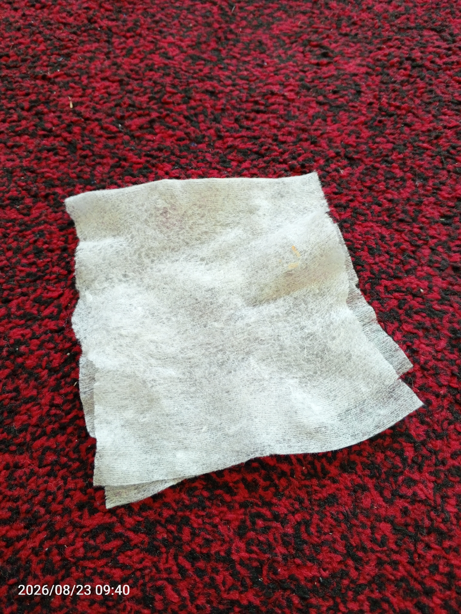 A white, rectangular piece of material, possibly a wet wipe or paper towel, is folded in half and lies on a red carpet with black fibers. The material is translucent and shows a slightly uneven texture. There are no people or other objects visible in the scene. The overall impression is one of simplicity and domesticity. The image also includes a timestamp in the bottom left corner: "2026/08/23 09:40".