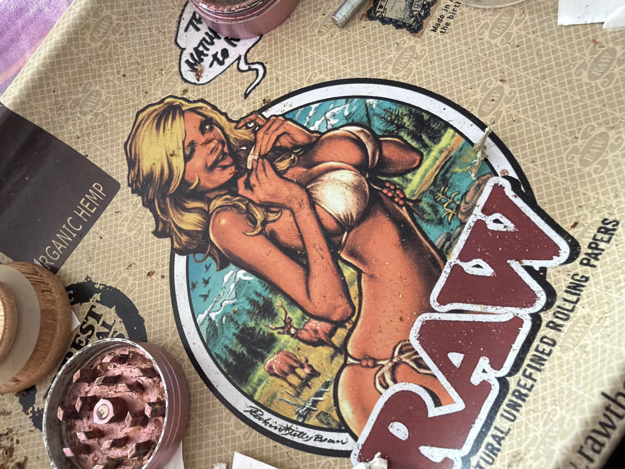 The image shows a rolling tray with various items related to smoking cannabis. The tray features a woman in a bikini rolling a joint against a backdrop of mountains and deer, and the "RAW" logo is prominently displayed. A cannabis grinder filled with ground cannabis is visible, along with a package of "ORGANIC HEMP" rolling papers, a metal cigarette filter, and a sticker with text "the mature toh." The surface of the tray has repeating "RAW" logos. The origin of this photo is not located in Plovdiv, Bulgaria, nor can the city be inferred.