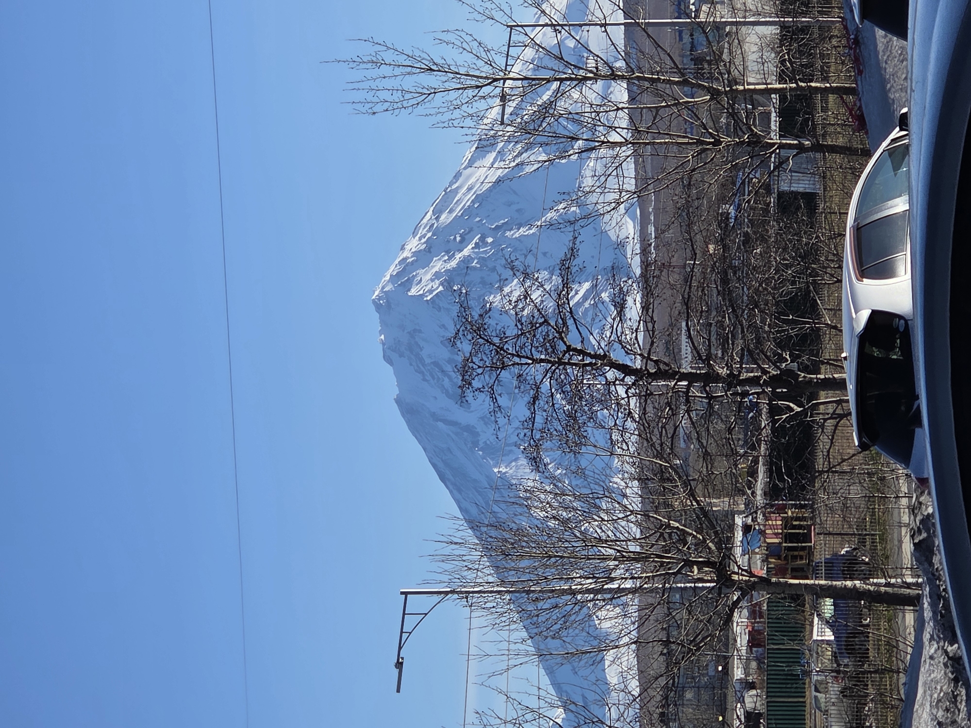 The image shows a mountain, covered in snow, towering over an urban landscape on a clear day. A leafless tree obscures the view of the landscape. In the foreground, a portion of a white car is visible, suggesting the photo was taken from inside a vehicle. The location is in the city of Unknown, Unknown.