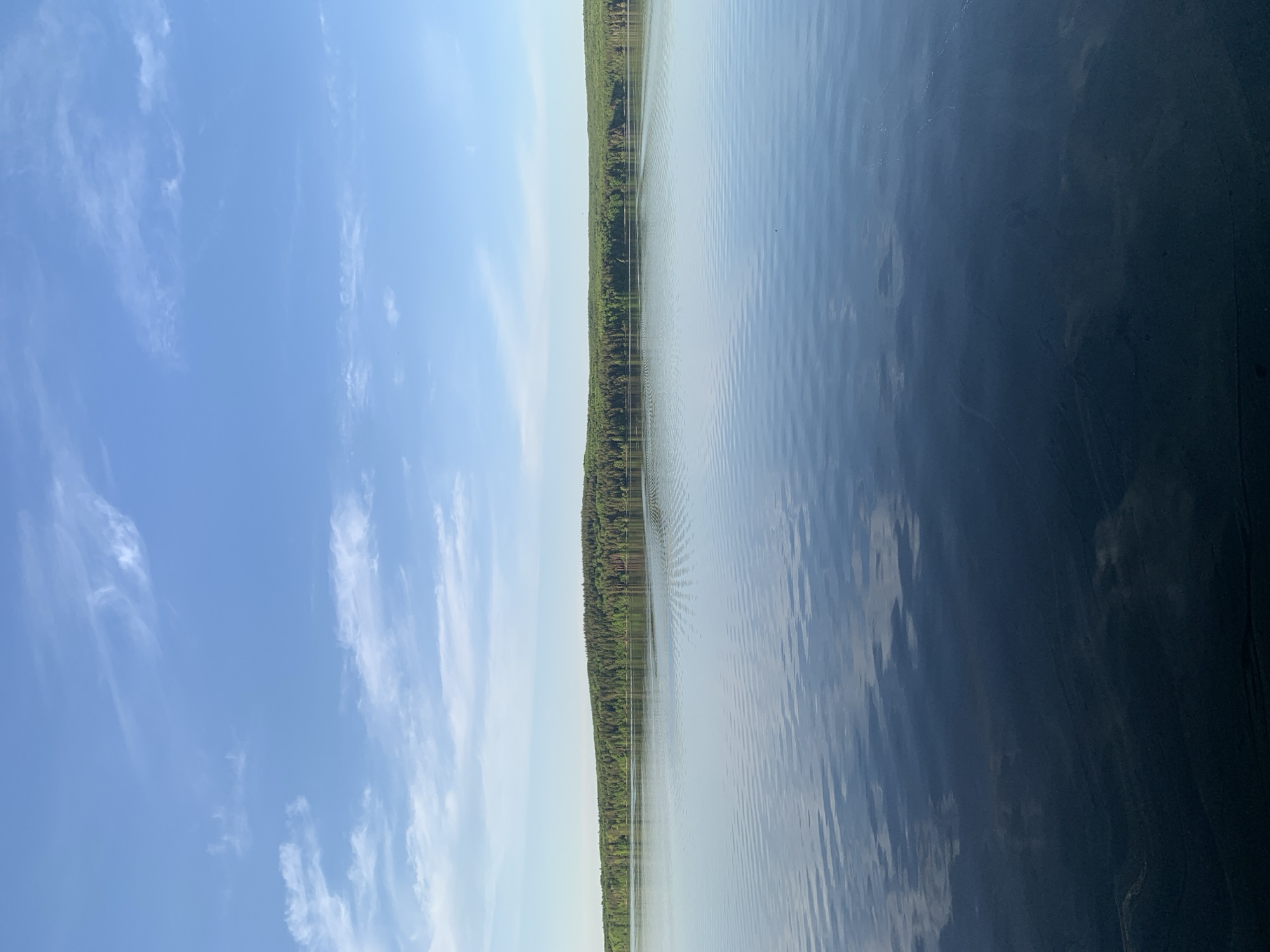 The image depicts a landscape view of a lake or wide river, bisected horizontally by a thin line of trees on the far shore. To the left of the tree line is a bright blue sky with wispy clouds. To the right is the surface of the water, ranging from lighter ripples to darker, stiller areas. No people, subjects, or objects are distinctly visible beyond the trees, sky, and water. The provided information suggests the location is Chaikovsky, Russia.