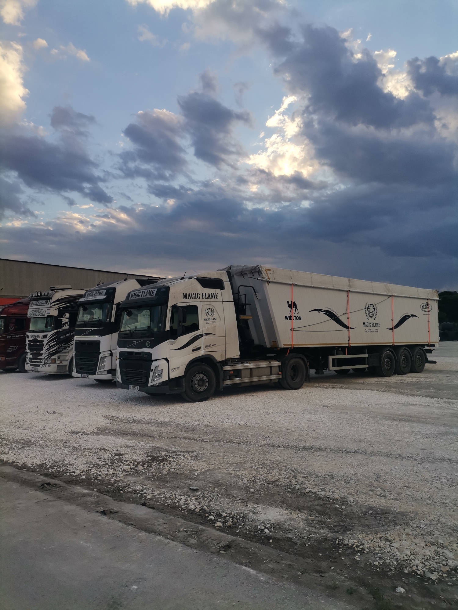 A low-angle, outdoor shot depicts a row of "Magic Flame" trucks parked in what appears to be a loading area, possibly in the city of Ezerovo, Bulgaria. The foremost truck is white with "Magic Flame" printed on the cab. The trailer attached to it also bears the "Magic Flame" logo, along with the brand name "WIELTON" and "KLAS OIL". Behind the first truck are two more trucks with similar branding, and further back are additional trucks partially obscured from view. The ground is covered with crushed white stone or gravel. The sky is overcast with dark clouds, indicating either early morning or late evening lighting.