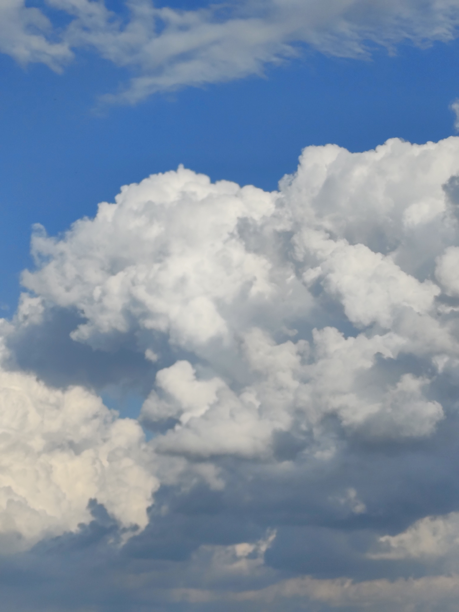 The image shows a sky filled with clouds. The sky is blue and clear in some areas, with large, fluffy white clouds dominating the frame. There are also darker, gray clouds present, suggesting a mix of weather conditions. The clouds are varied in shape and size, with some appearing dense and others more wispy. The lighting suggests it is daytime, possibly midday, with the sun casting shadows on the clouds. The image is a close-up view of the sky, with no discernible ground features or any indication of a specific location within Рощин ауылдық округі, Kazakhstan. The scene is entirely natural and atmospheric.