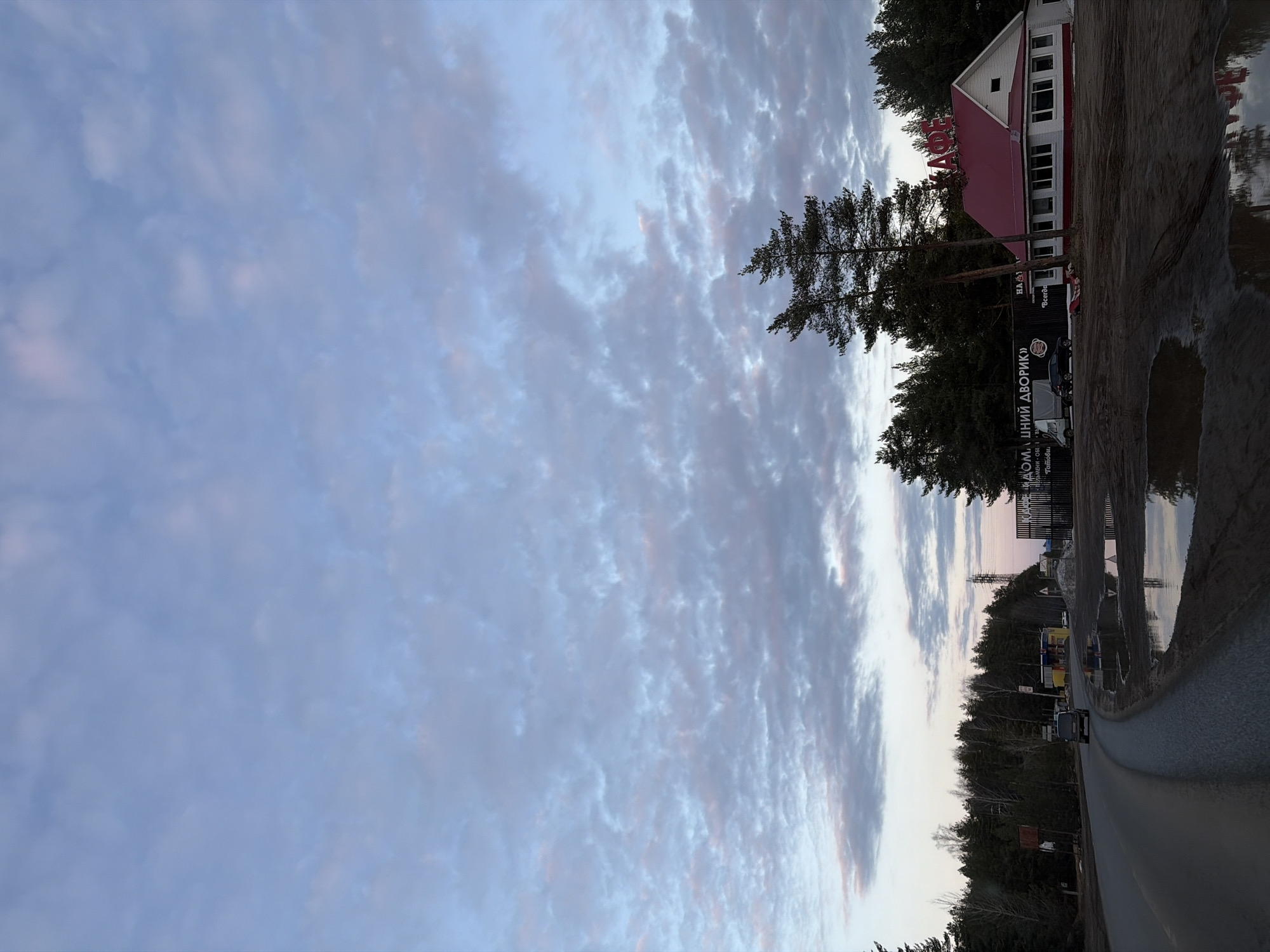 The image shows a street scene in Noviy, Russia at dusk. A road leads into the distance, lined with trees. On the right side of the image is a building with a red roof. A puddle reflects the building and sky. A black car is driving down the road. A sign is visible for a store named "Дом...иний Дворик." The sky is filled with textured clouds.