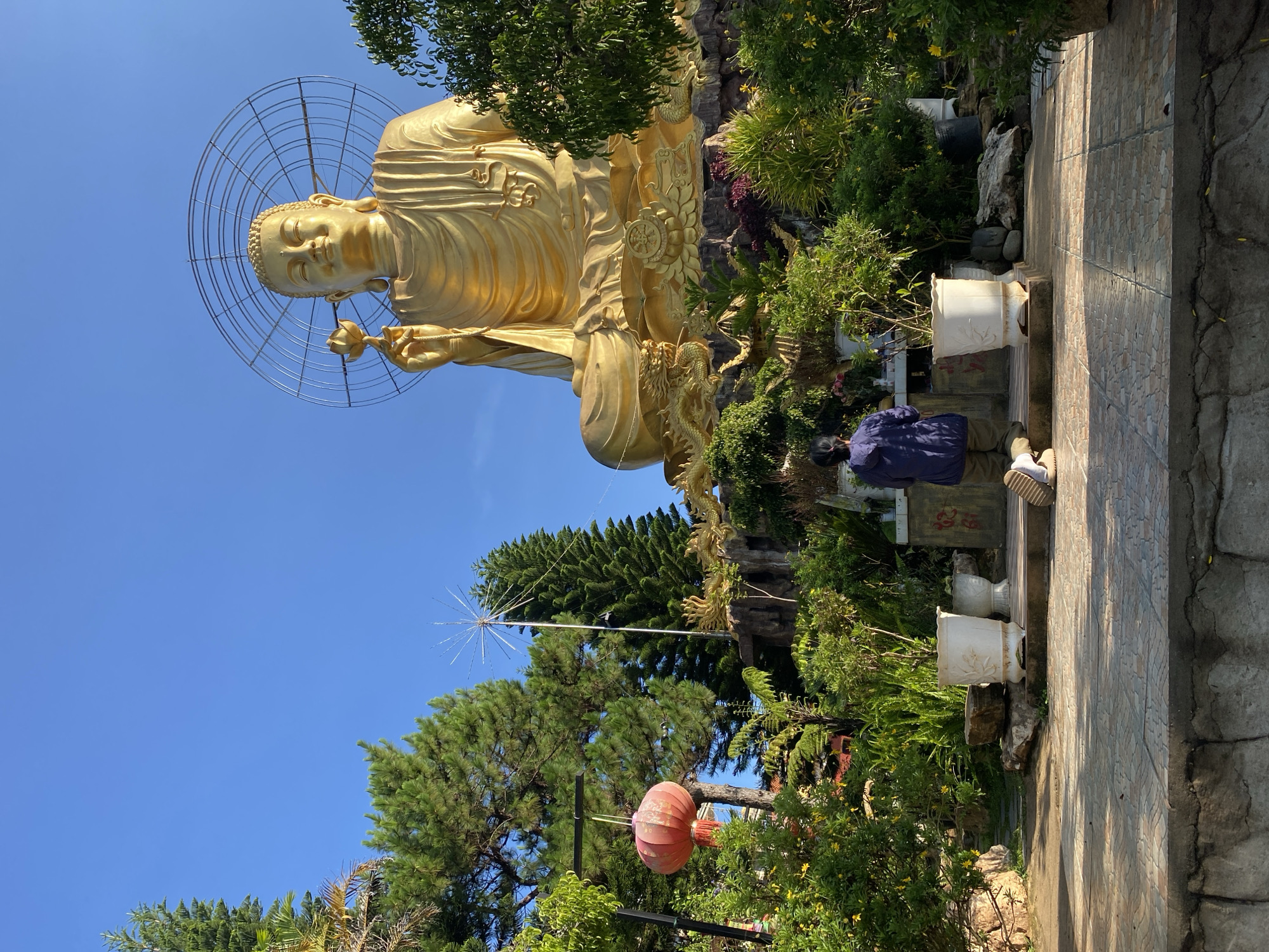 A low-angle shot depicts a golden Buddha statue in Lâm Viên - Đà Lạt, Vietnam. The statue is surrounded by greenery and stands against a clear blue sky. A person in a blue shirt is visible near the base of the statue. A red lantern hangs from a tree to the lower left of the statue. The ground is covered in a patterned stone pathway.