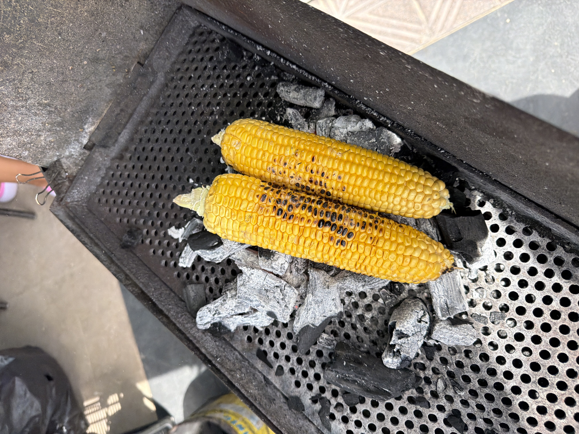 Two ears of corn are being grilled over charcoal in a metal grill. The corn is golden yellow with some charred spots. The grill is black and has a perforated metal grate. Ashes and burning charcoal are visible beneath the grate. The background is blurred, but suggests an outdoor setting with some sunlight.