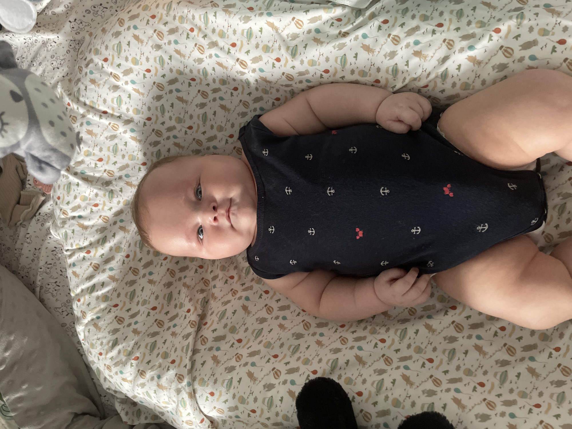 A baby lies on a patterned blanket with a light-colored background featuring small illustrations of hot air balloons, animals, and nautical elements. The baby, with fair skin and light-colored hair, is wearing a dark blue onesie with white anchor patterns and a small red crab detail on the right side. The baby's head is at the top of the frame, facing upwards, with eyes looking towards the camera. The left side of the baby's body is partially obscured by a dark object. The lighting suggests an indoor environment. This image was not taken in Stavropol, Russia.