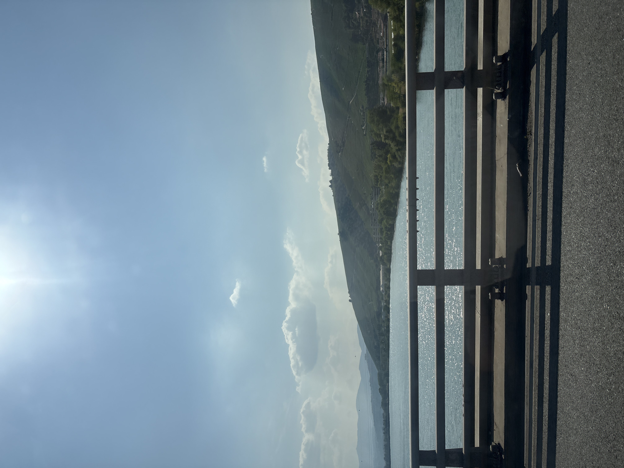 The image captures a view from a bridge overlooking a wide river and a tree-lined shore. The river, reflecting the bright sunlight, has a shimmering, blue surface. Beyond the river, rolling green hills rise, dotted with vegetation and some structures. In the distance, hazy mountains complete the landscape. The sky is a clear blue, with a few scattered white clouds. The foreground of the image shows the asphalt road of the bridge and its railing, casting shadows onto the road surface. The scene appears to be located in the vicinity of Ampuis, France, given the geographical context of the Rhône river and its surrounding hills.