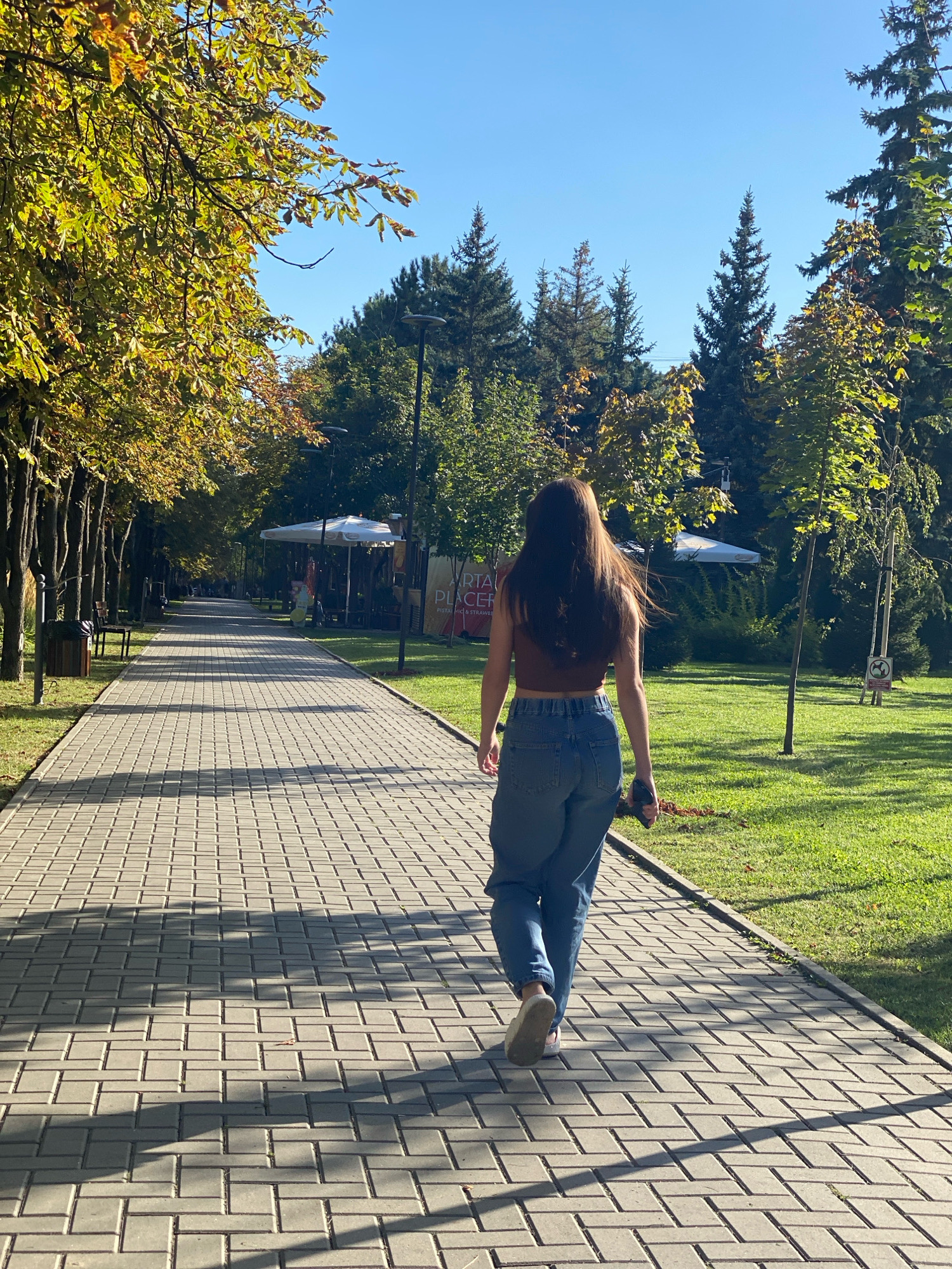 The image shows a woman walking on a paved pathway in a park on a sunny day. She is wearing a brown crop top and blue jeans, and her back is to the camera. The pathway is lined with trees on both sides, and there is green grass and some outdoor seating areas visible. In the background, there are more trees, including pine trees, and a clear blue sky. The overall impression is of a peaceful park scene. The context of Chișinău, Moldova is not visually discernible from the image itself.