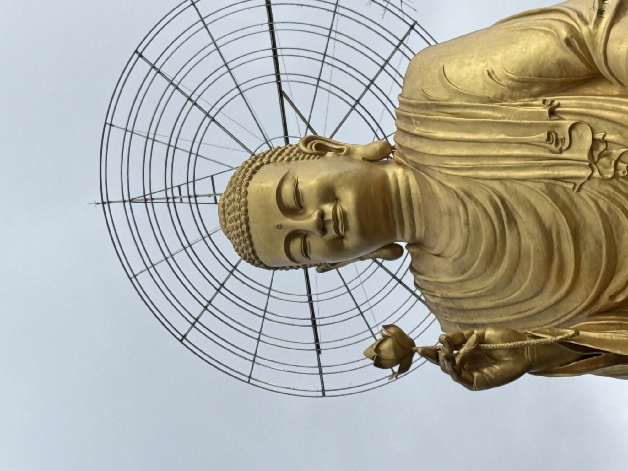A low-angle shot of a golden Buddha statue, with the subject turned toward the right, in Lâm Viên - Đà Lạt, Vietnam. The statue has a halo-like wire frame behind the head. The statue is holding a lotus flower in its left hand. The background is a cloudy sky.