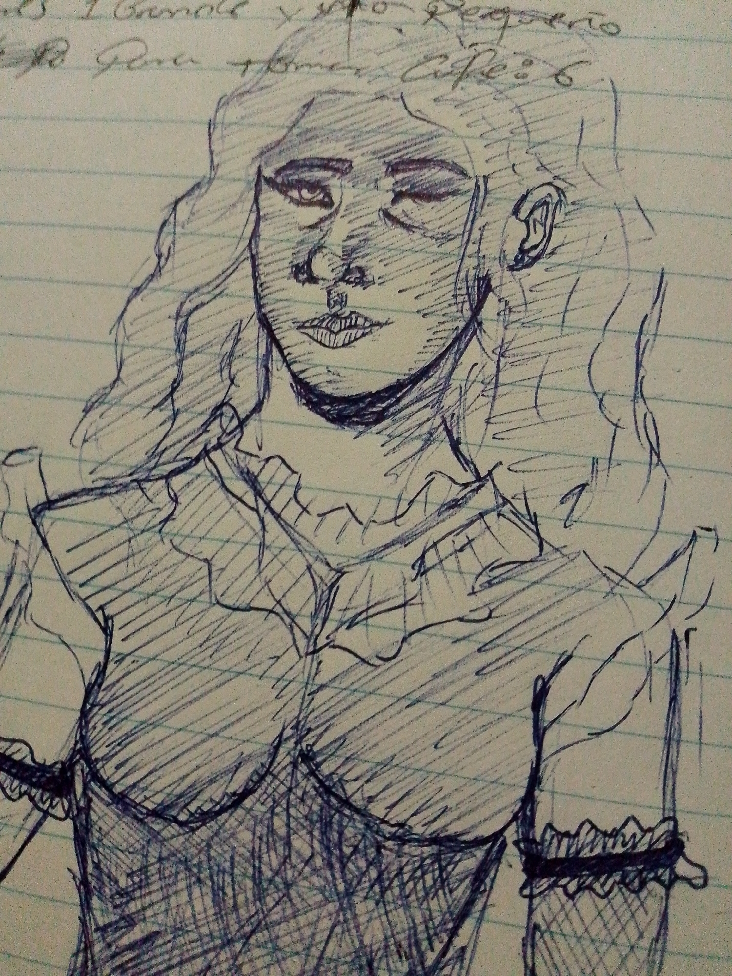 The image is a pen drawing on lined paper of a woman. She has wavy hair, a serious expression, and is wearing a dress with a low neckline and ruffled shoulders. The crosshatching creates shading and texture. The lined paper has some handwritten words at the top, possibly in Spanish, and what looks like "Cafe: 6" on the top right. The drawing is not of Juan Griego, Venezuela. There is no evidence in the picture of the location.