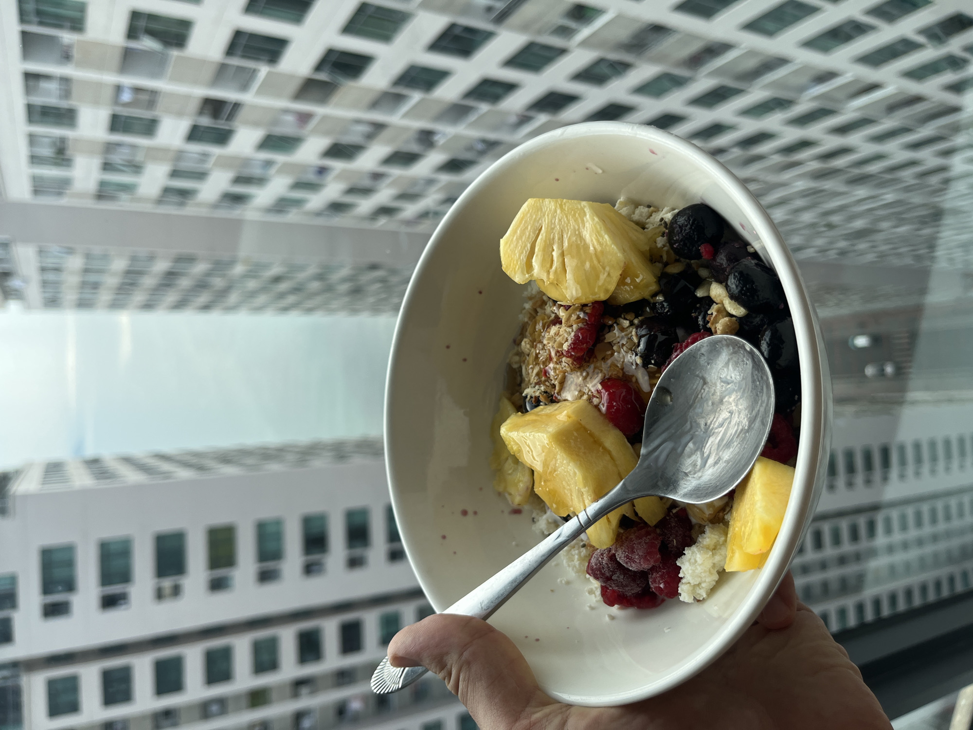 A close-up, slightly high-angle shot depicts a hand holding a white bowl filled with fruit salad, with a metal spoon resting inside. The salad appears to contain pineapple chunks, blueberries, raspberries, and what looks like coconut flakes or shredded coconut. The background is a blurred view through a window, revealing the exterior of a modern building with a grid-like pattern of windows. Based on the architectural style visible in the image, it is inferred the location is Bac Nha Trang Ward, Vietnam. The focus is on the food, while the surroundings provide context to the location.