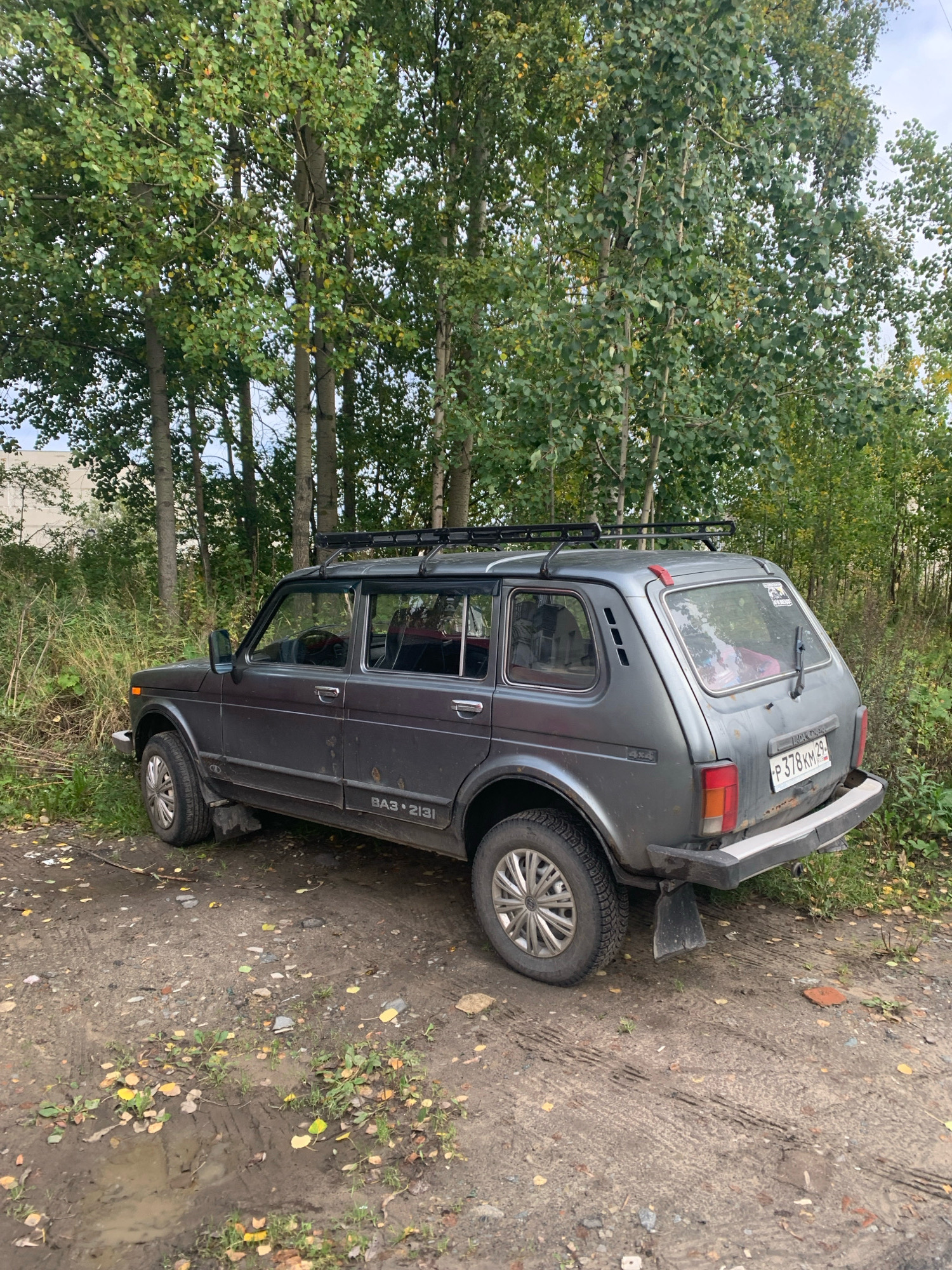 An aged, dark gray Lada Niva 4x4 station wagon is parked on a dirt path next to a patch of overgrown grass and weeds. The car has a roof rack, a rear mud flap, and a license plate reading "P378KM 29". The environment suggests a rural or semi-abandoned area, possibly on the outskirts of Arkhangelsk, Russia, given the license plate's regional code. The ground is muddy with scattered leaves, and tire tracks are visible. A building is partially visible in the background on the left, and a dense line of trees, some with green leaves and others with yellowing foliage, forms the backdrop. The sky is overcast. There are no people or animals visible in the image.