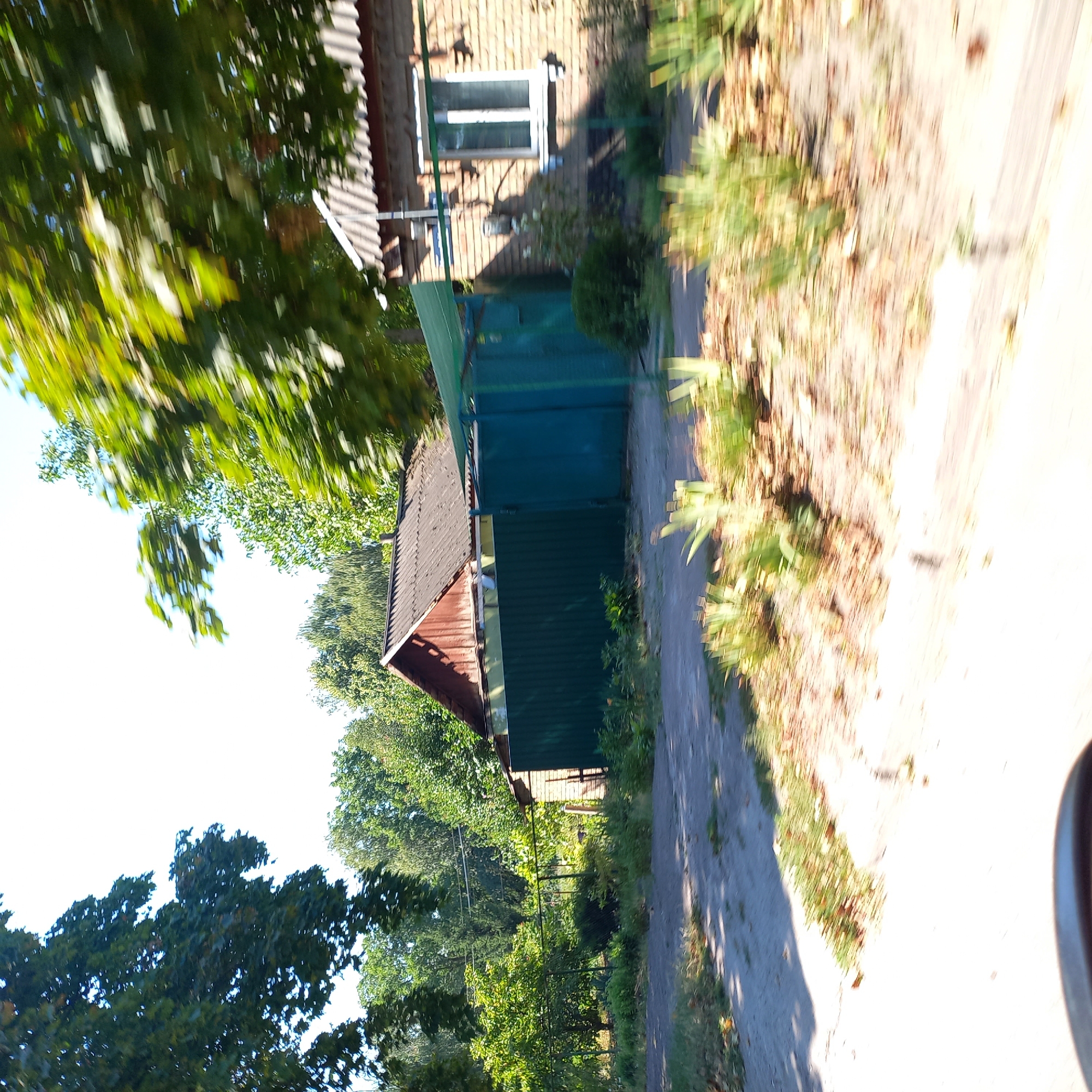 In Kropyvnytskyi, Ukraine, a residential scene unfolds with a focus on a single-story brick house and a smaller wooden structure. The brick house, with its light brown brickwork, features a white-framed window and is partially obscured by a green corrugated metal fence and a green awning. Adjacent to it, a wooden house with a dark, weathered roof and brown wooden siding is visible. A tall, dark green metal gate stands in front of the wooden house. The foreground is a dirt and gravel path, with patches of green grass and dry leaves scattered about, suggesting an outdoor area. Lush green trees and foliage surround the houses, with some leaves in motion, indicating a breezy day. The sky is bright and clear, with the sun casting shadows.
