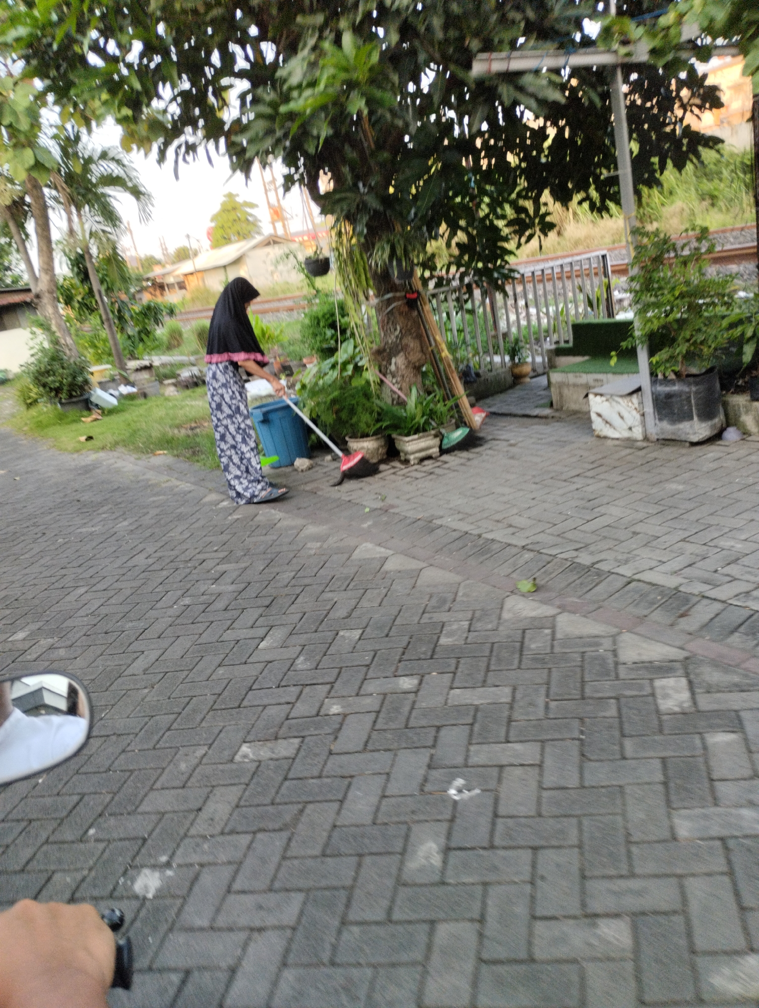 A person wearing a black hijab and a patterned skirt is sweeping a paved area. The person is standing next to a large blue trash can, holding a broom with a red broom head. Behind the person, there is a tree with lush green leaves and some smaller plants. To the right of the tree, there is a metal railing and more greenery. The ground is paved with interlocking gray bricks. In the background, there are some buildings and what appears to be train tracks. The scene suggests an outdoor environment, possibly a residential area or public space in Bringinbendo, Indonesia. The lighting indicates it is daytime, likely late afternoon or early evening due to the soft light. The overall atmosphere appears calm and focused on the task of cleaning.