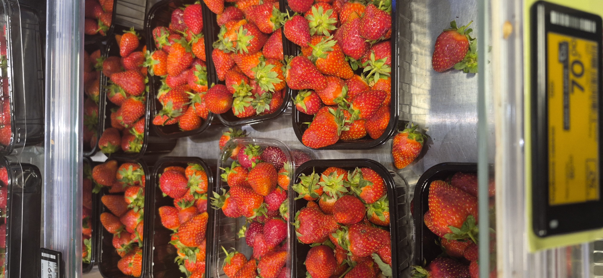 The image shows a display of fresh strawberries in black plastic containers on a metal shelf. The strawberries are ripe and red, with some green stems visible. The display appears to be in a supermarket or grocery store, as indicated by the price tag visible in the foreground. The price tag is yellow with black text and displays a price of "70". The overall lighting suggests an indoor environment. There are no people or animals visible in the image. The scene is focused on the strawberries and their presentation. This image is not related to Saint Petersburg, Russia.