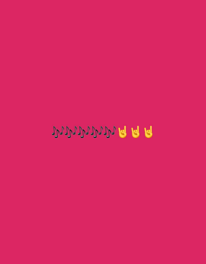 A minimalist image features a vibrant pink background. In the center of the image, a horizontal line of black musical notes is present. To the right of the musical notes are three yellow hand emojis, two of which are making the "rock on" gesture. The image does not contain any elements that can be used to identify a location in Gorzow, Poland.