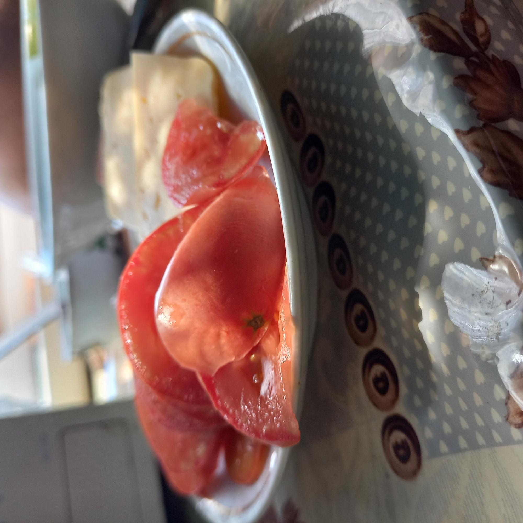The image shows sliced tomatoes and cheese on a plate, placed on a table with a patterned tablecloth. The scene appears to be indoors, possibly in a kitchen or dining area. The lighting suggests it is daytime. The background is out of focus but shows a hint of what might be appliances or furniture. There are no people clearly visible in the image. The location in the city of Klyntsi, Ukraine is not discernible from the visual information provided in the image.
