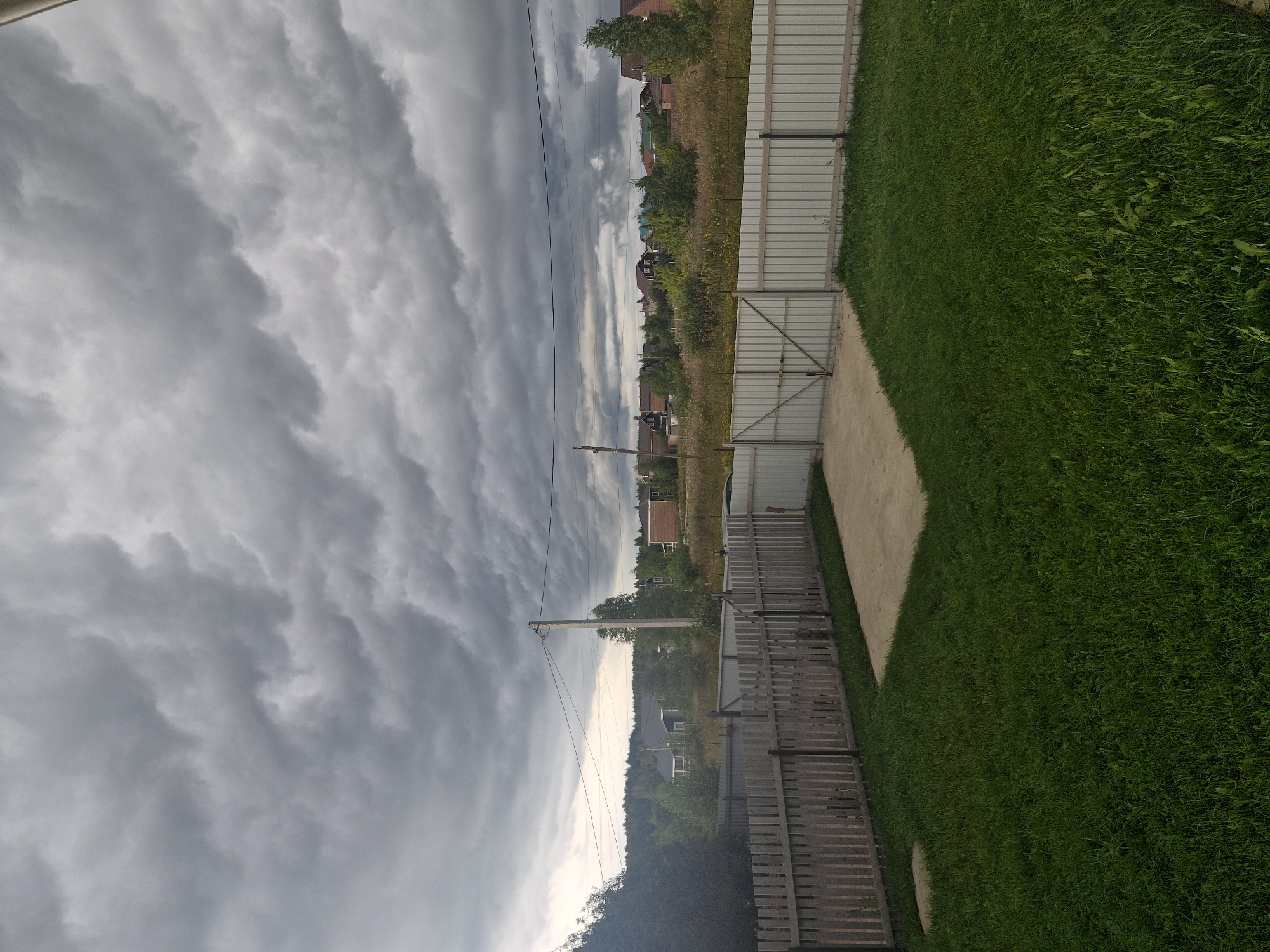 The image depicts a residential backyard in Aleksino, Russia, under a cloudy sky. The foreground is dominated by a lush green lawn. To the left, a weathered wooden fence encloses a portion of the yard, with a concrete patio area visible in front of it. To the right, a metal fence with a gate runs along the property line. In the midground, beyond the fences, is a field with dry grasses and wildflowers. A single power pole with overhead wires is visible. In the background, a line of trees separates the immediate area from a cluster of houses with various rooflines, suggesting a suburban or semi-rural setting. The overall atmosphere is somber due to the heavy cloud cover.