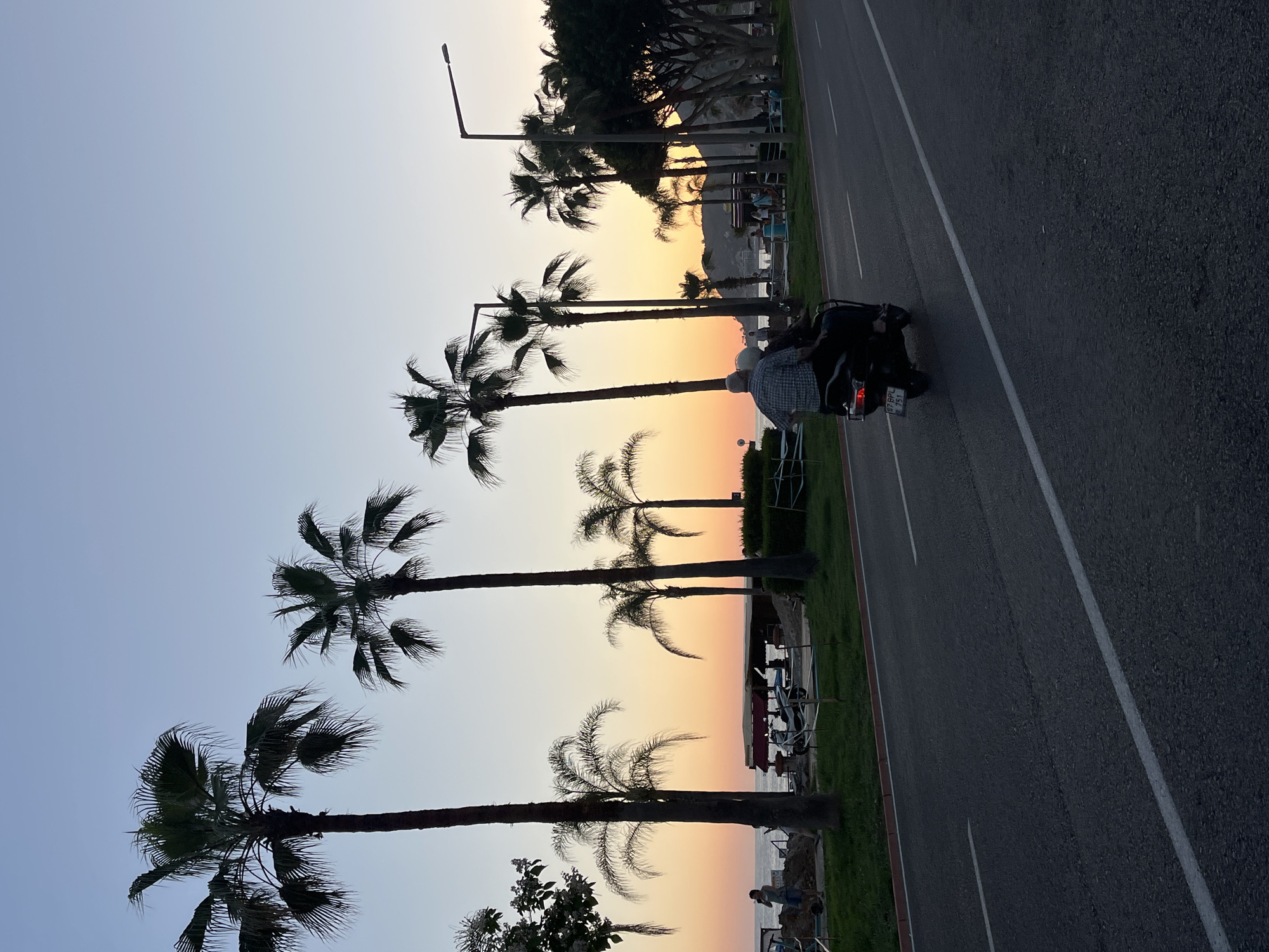 Captured at sunset, the image shows a street in Alanya, Turkey, bordered by a row of palm trees against an orange-blue gradient sky. A man in a checked shirt sits on a motorbike parked on the street's shoulder. Across the street, beachgoers are discernible in the distance. A streetlight stands near the palm trees. The photograph is taken at a slightly tilted angle.