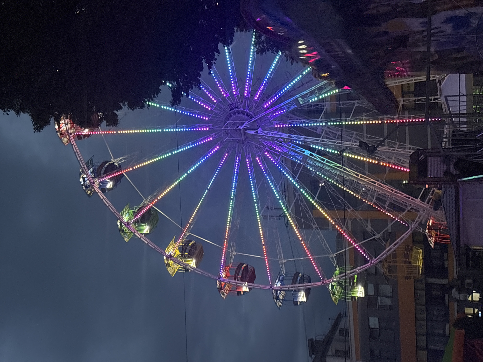 The image shows a Ferris wheel at night, illuminated with colorful lights. The Ferris wheel is the central subject, with its spokes and carriages clearly visible. The carriages are various colors, including green, yellow, and red. The lights on the spokes transition from purple and blue in the center to green, yellow, orange, and pink towards the outer edges. In the background, there are buildings, some with visible windows, and a dark, cloudy sky. A large, dark tree is visible on the right side of the image, partially obscuring the Ferris wheel. The overall scene suggests a festive atmosphere, likely at a fair or amusement park. The location is identified as Bila Tserkva, Ukraine. There are no discernible people or interactions depicted in the image, only the static structure of the Ferris wheel and its surroundings.