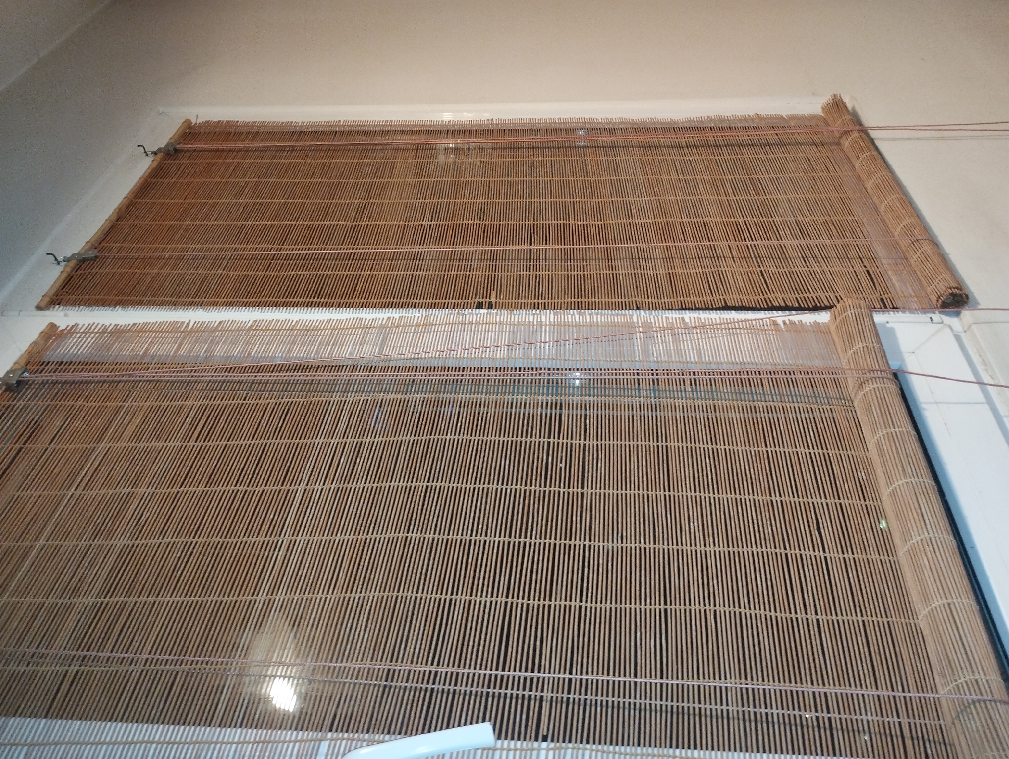 Two partially rolled-up bamboo blinds are mounted on a wall. The blinds are brown and feature evenly spaced, vertical slats held together with horizontal strings. The upper blind is rolled up to a greater extent than the lower blind. The mounting hardware is visible, consisting of hooks and cords. The wall is painted white and appears to be indoors. The setting appears domestic and the location in Sofia, Bulgaria, is unsupported by visual evidence.