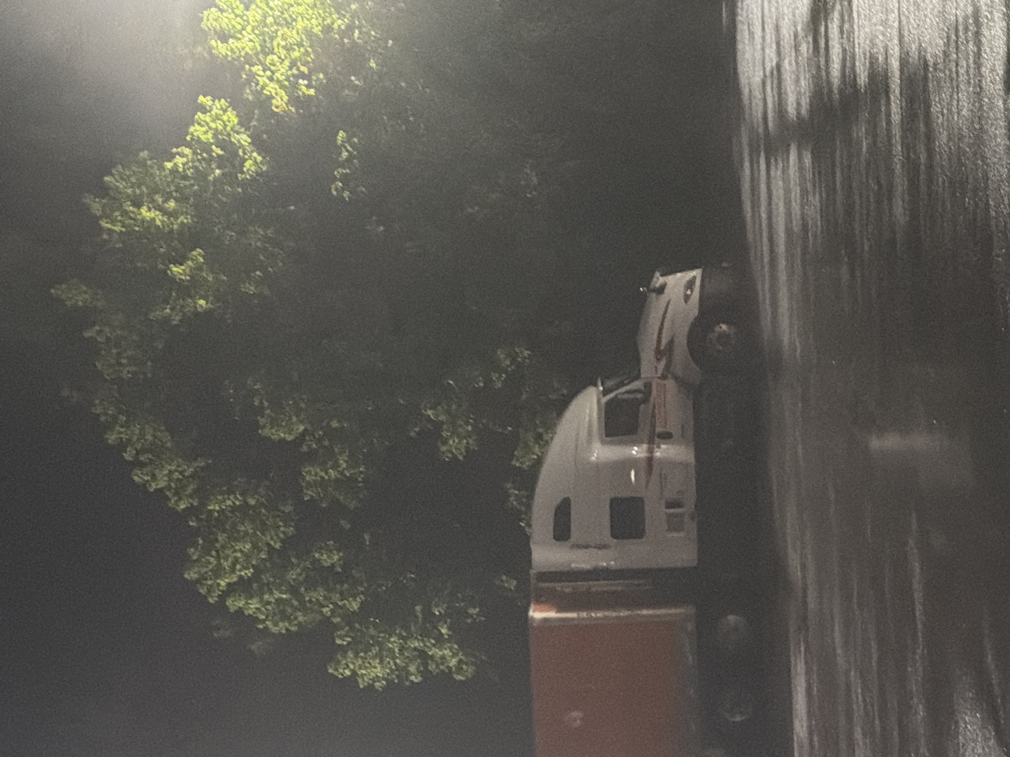 A semi-truck with an orange trailer is parked on a wet asphalt surface. The truck is white with some red accents. A large, leafy tree is visible behind the truck, illuminated by a light source from the right side of the image. The ground appears to be reflective, suggesting recent rain. The overall scene is dark, indicating it is nighttime or very early morning. The location of Wildwood, United States, is not discernible from the image itself.