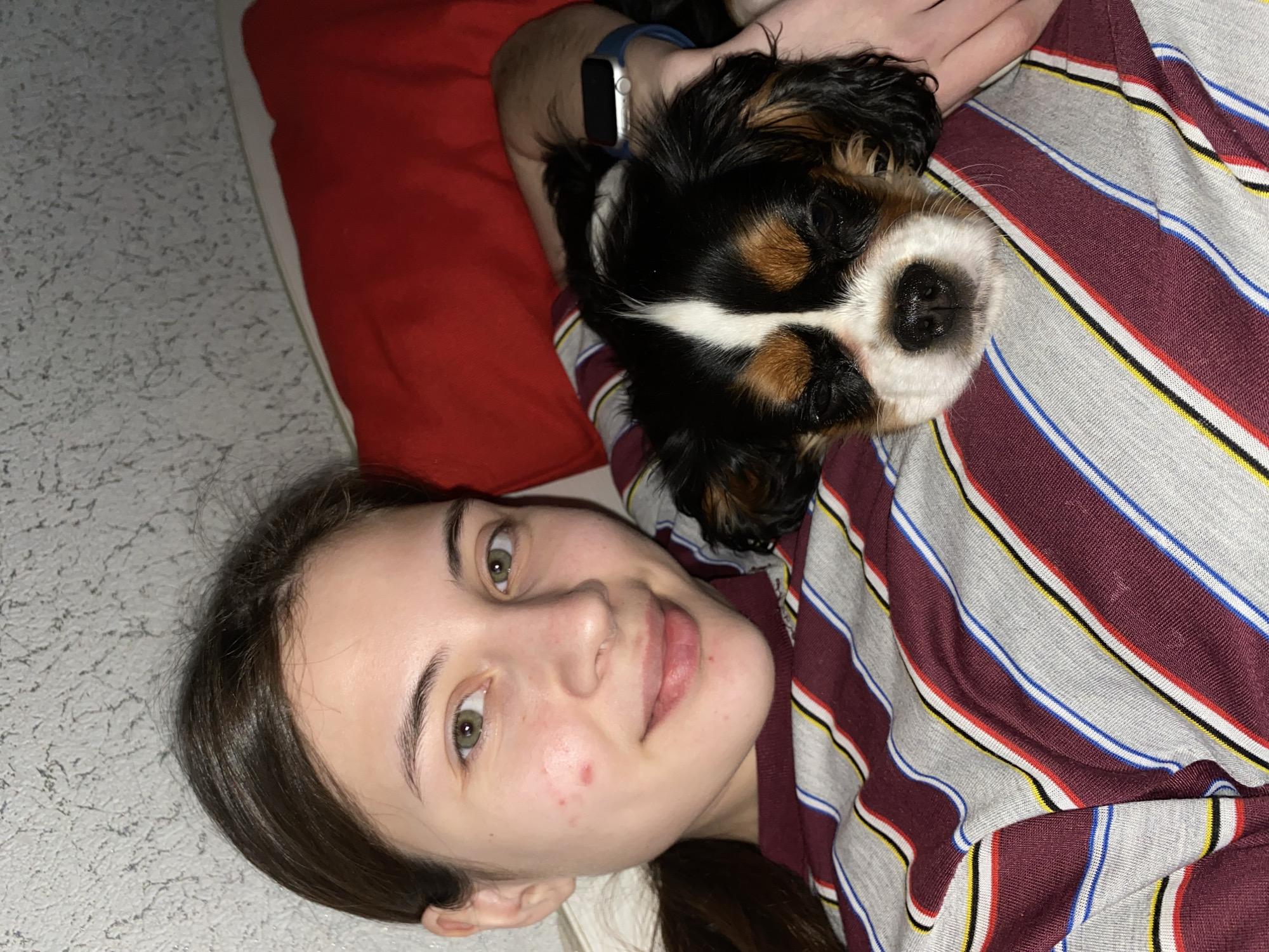 The image, captured from an overhead perspective, depicts a young woman and a small, tri-color puppy relaxing closely together in what appears to be an indoor setting in Votkinsk, Russia. The woman, with dark brown hair and green eyes, lies on her left side, looking towards the camera with a gentle, contented smile. She has a few red blemishes on her cheek and chin. Resting its head near her shoulder/chest is a small dog, possibly a Cavalier King Charles Spaniel, with distinctive black, tan, and white fur on its face and floppy ears.
A hand, wearing a blue-banded smartwatch, is visible gently holding the puppy, suggesting another person or the woman herself is cuddling the dog. Both the woman and the person holding the dog appear to be wearing a striped garment featuring maroon, grey, white, blue, red, and yellow horizontal lines. A solid red pillow or blanket is visible behind the dog and the arm. The surface next to the woman is a light-colored, textured material, possibly a wall or bedding. The dim lighting suggests an evening or nighttime scene. The overall mood conveys warmth and affection between the subjects. No text is visible in the image.