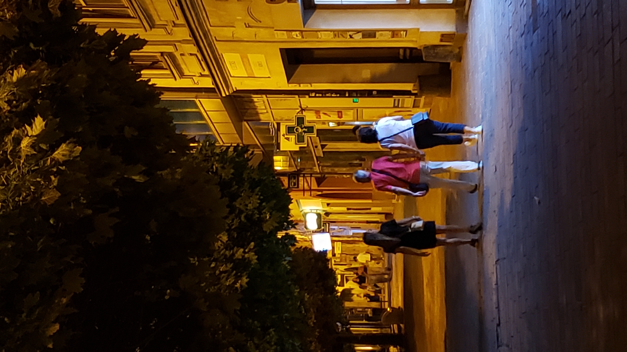 In Prešov, Slovakia, three individuals walk away from the viewer down a cobblestone street at night. On the left, a woman with long dark hair wears a black dress and carries a crossbody bag. To her right, a person in a red shirt and white pants walks, also with a crossbody bag. The third person, to the right of the individual in red, wears a white shirt and dark pants and carries a blue crossbody bag. The street is lined with buildings illuminated by warm yellow lights, featuring architectural details and shop signs. A large tree with dark leaves overhangs the left side of the scene. A prominent green cross sign, likely indicating a pharmacy, is visible on the right side of the street. The overall lighting suggests it is evening or nighttime, with streetlights and building lights creating illuminated areas and shadows.