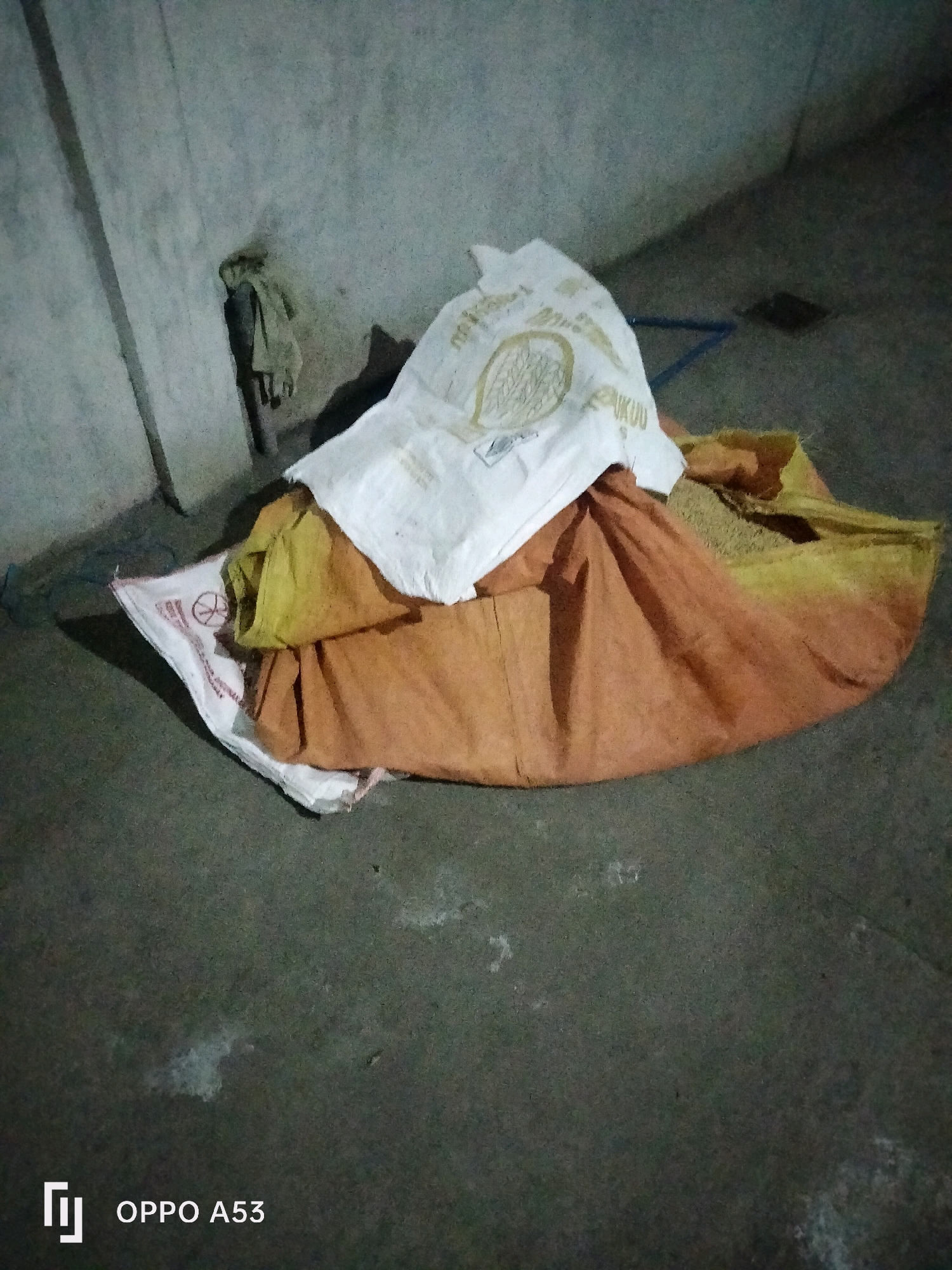 In an indoor dimly lit environment, possibly a storage area, a collection of large sacks is piled on the ground. The sacks appear to be made of woven material, with one prominently displaying a white surface with a circular graphic and some text, and another sack underneath exhibiting an orange and yellow gradient. A piece of cloth is draped over a pipe on a grey concrete wall in the background. The floor is also concrete, with some debris scattered. The overall scene is dark and appears to be a simple, utilitarian space. This image was taken with an OPPO A53.