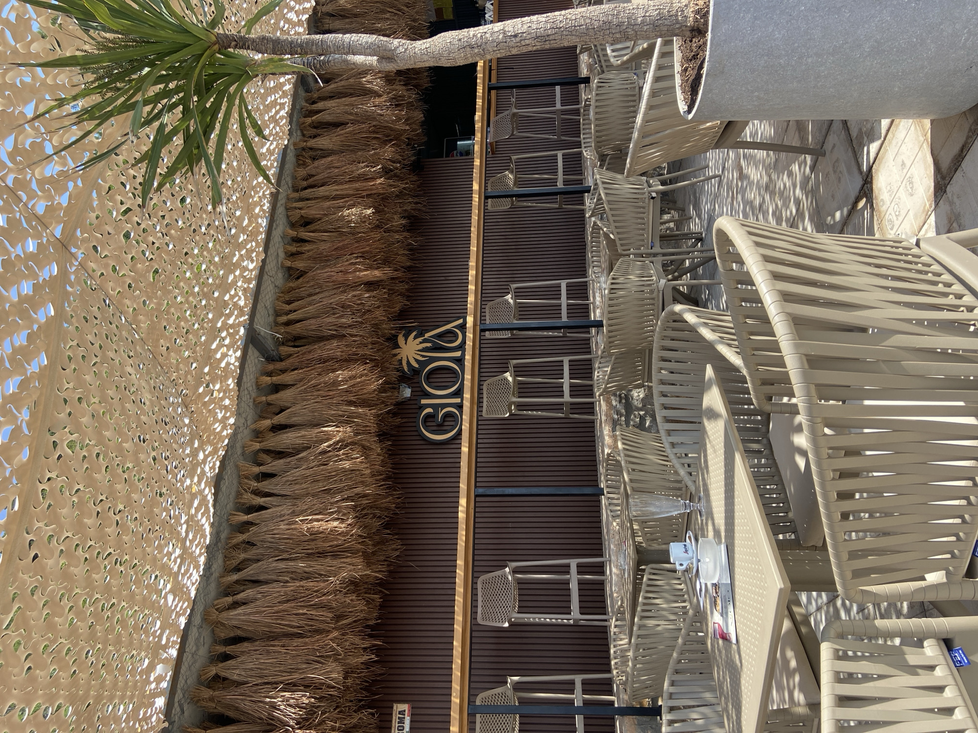 An outdoor seating area of a cafe or restaurant, likely in Prijevor, Montenegro, features tables and chairs arranged on a tiled patio. A thatched roof covers part of the area, with a decorative netting overhead providing shade. A palm tree in a large planter stands to the right, and a brown wall with the name "GIOIA" and a palm tree logo is visible in the background. The tables are set with glasses, cups, and magazines, suggesting a tranquil, daytime atmosphere. The scene is illuminated by natural sunlight, casting shadows on the ground.