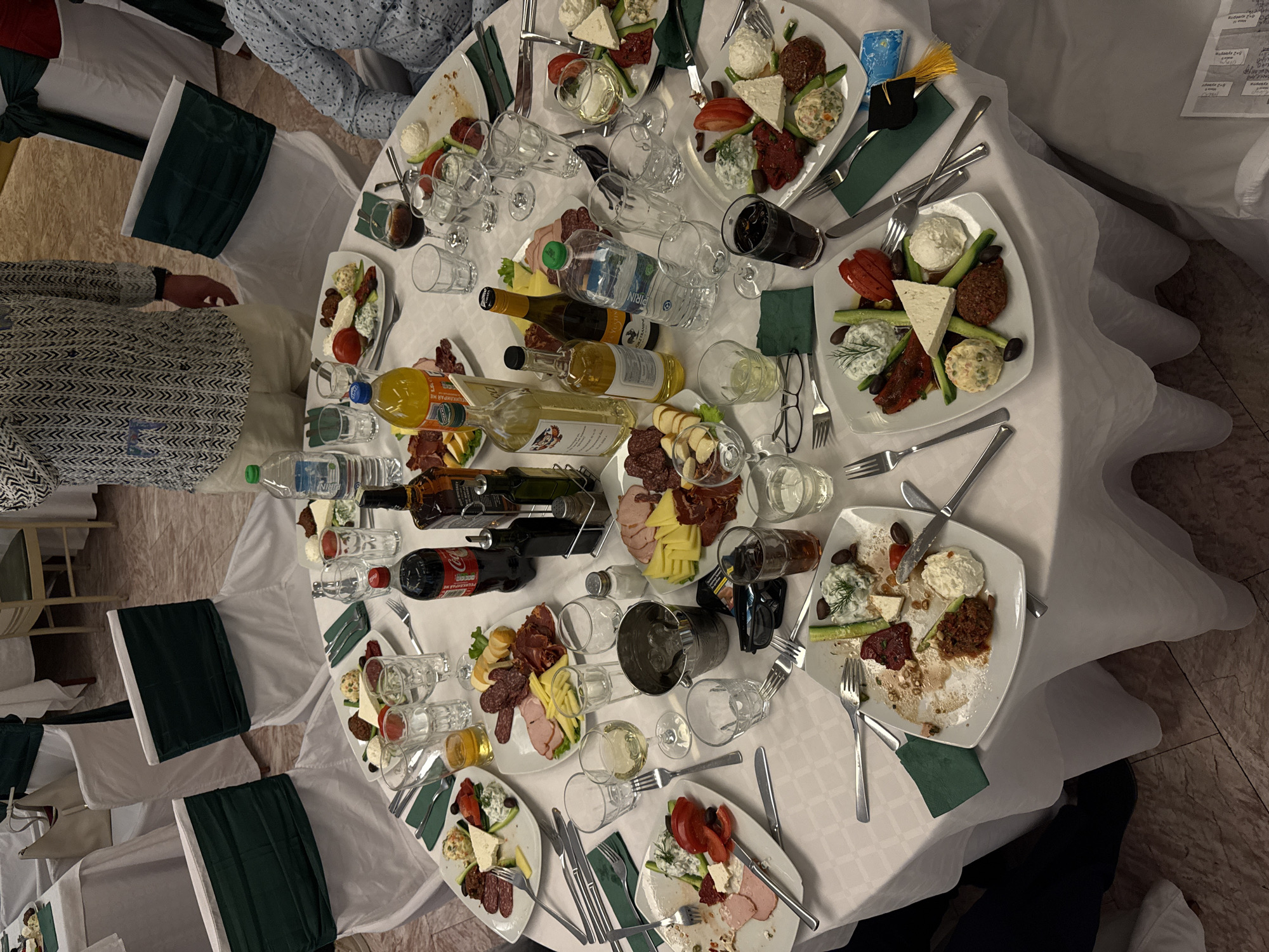 The image shows a round table covered with a white tablecloth in a possibly festive setting. The table is crowded with plates of food, including cheese, tomatoes, various meats, and what appears to be salads. Several bottles of wine and water are scattered across the table, along with numerous glasses. Cutlery is placed beside each plate. People are seated around the table, with sections of their clothing and arms visible. The chairs have white covers with green sashes. The setting could be a restaurant or banquet hall. While the image does not explicitly confirm that the setting is in Sofia, Bulgaria, that information was provided in the prompt.