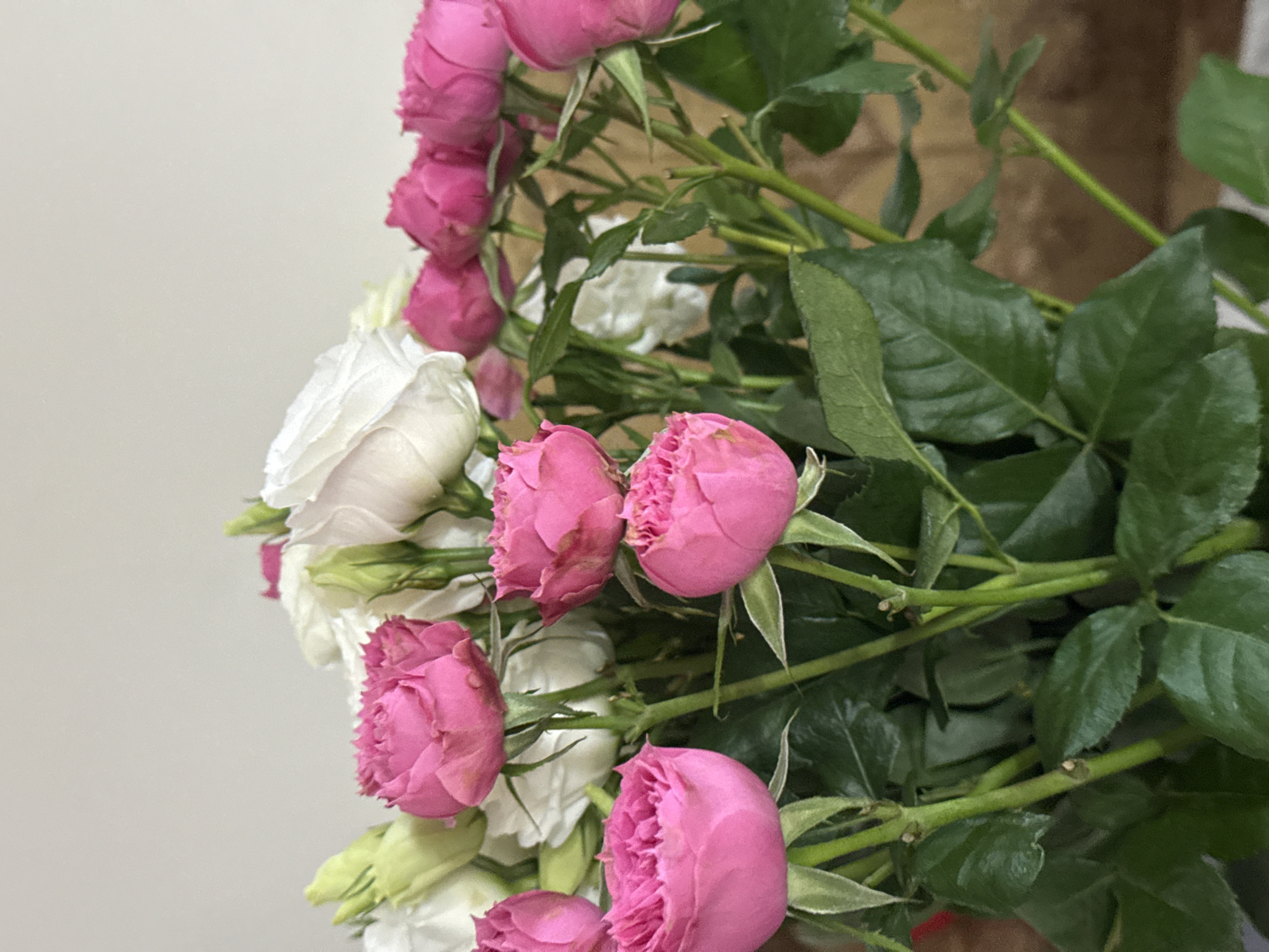 A close-up photograph shows a bouquet of small pink and white roses. The pink roses are a bright, vibrant color and appear to be tightly budded. The white roses are interspersed among the pink and appear to be more open. The roses are surrounded by green leaves and stems. The background is blurred. The location and other specific details are unknown.