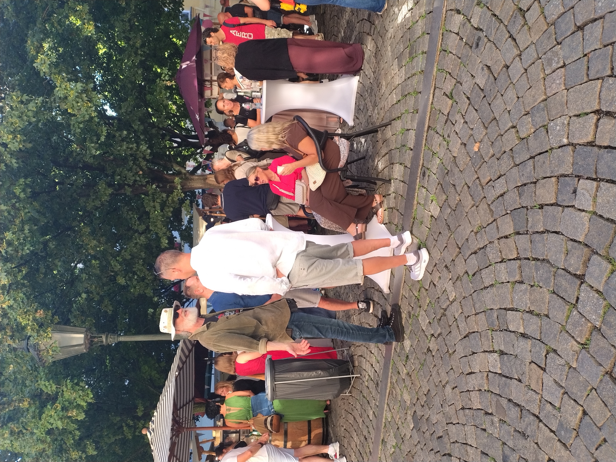 In Prague, Czechia, an outdoor gathering unfolds on a cobblestone street, illuminated by the soft glow of a vintage lamppost and dappled sunlight filtering through the lush canopy of mature trees. A group of people are engaged in conversation and socializing, with several individuals standing and others seated. Two men, one sporting a distinctive hat and beard, and another in a white shirt, appear to be in mid-conversation. Nearby, a woman in a vibrant pink top is seated and holding a cup. Other attendees are scattered around, some standing near tables draped with white cloths, suggesting a refreshment or information stand. The scene is set against a backdrop of market stalls or temporary structures, indicated by striped umbrellas and various displays. The overall atmosphere suggests a relaxed public event or festival.