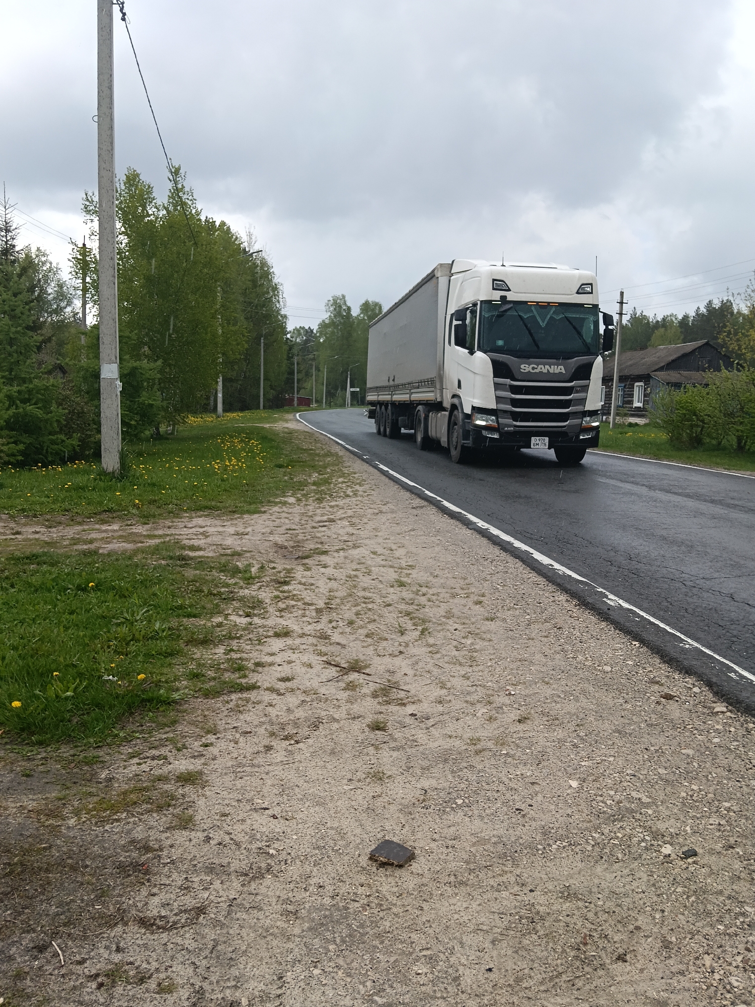 A Scania semi-trailer truck is driving on a wet asphalt road in Красный Маяк, Russia. The truck is white with a gray trailer. The license plate is partially visible. The road has a white line marking the edge. To the left of the road is a gravel shoulder with vegetation and a utility pole. In the background, there is a line of trees and a wooden house. The sky is overcast.