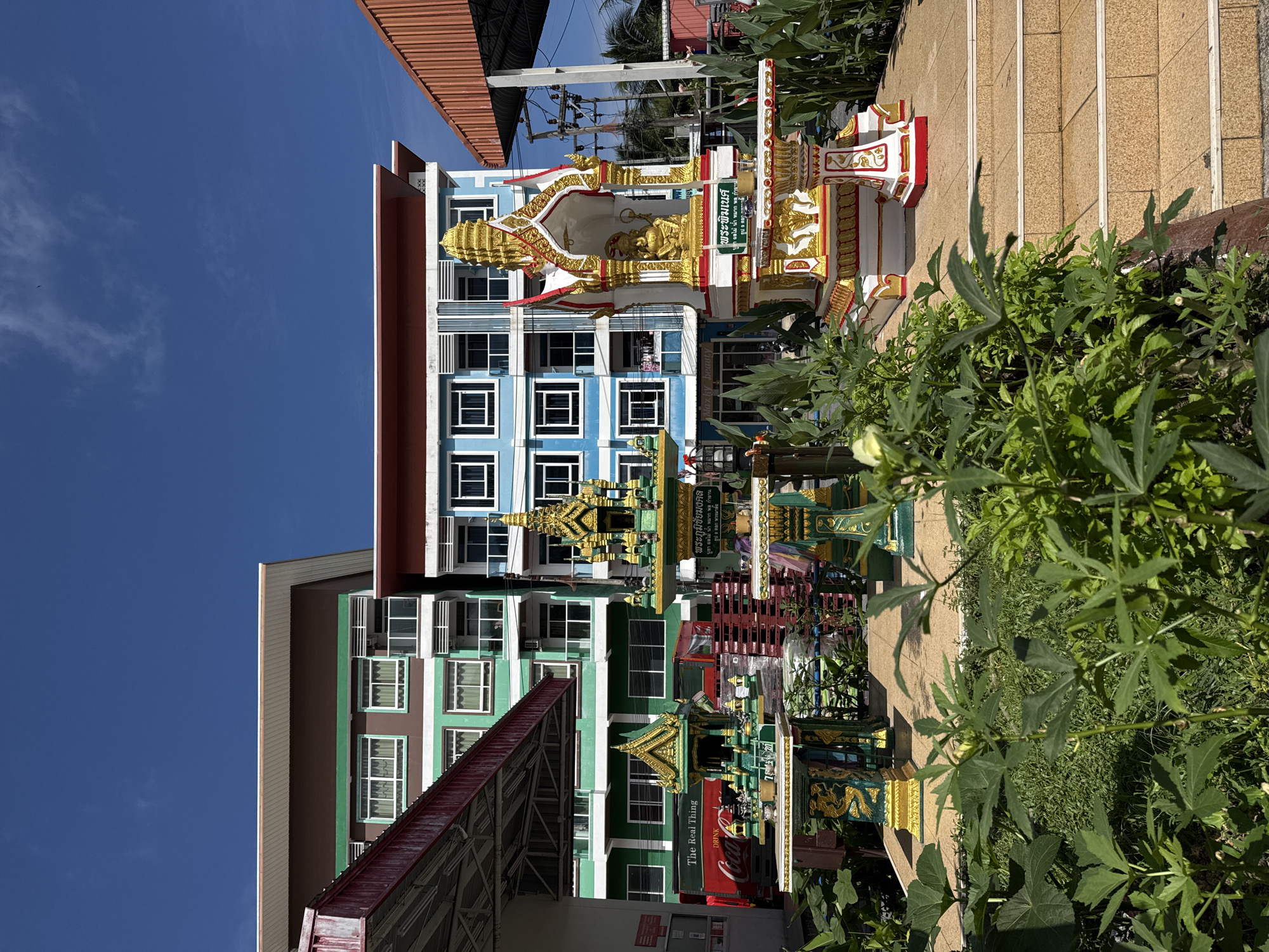 In Patong, Thailand, a bright, sunny day is captured with a clear blue sky and sparse clouds. In the foreground, lush green plants partially obscure a collection of elaborately decorated spirit houses, also known as San Phra Phum. These structures are typically built to appease the land spirits and are common in Thailand. The spirit houses are adorned with gold and green paint, featuring intricate details and tiered roofs. One prominent spirit house in the center-right has a golden statue of a deity, possibly Ganesh, seated within its ornate pavilion.
Behind the spirit houses, a red Coca-Cola truck with the text "The Real Thing" is visible, parked near stacks of wooden pallets, suggesting recent deliveries or construction. Further in the background are modern apartment buildings. The building on the left is painted brown with green trim, while the one in the center is a striking blue with white trim. The architecture of these buildings is functional and utilitarian, typical of urban development.
The environment suggests an active commercial or residential area in Patong, characterized by the blend of traditional spiritual elements and modern infrastructure. The overall scene is one of a bustling Thai city, where spiritual practices are integrated into daily life.