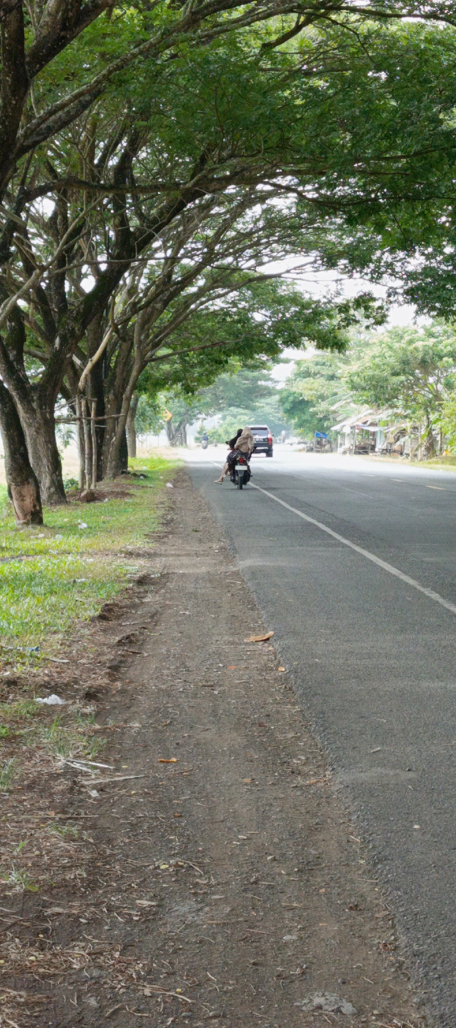 The image depicts a paved road with a dirt shoulder bordered by trees on the left. A black SUV is visible in the distance on the road, and a motorcycle with two passengers is traveling away from the camera. The passengers appear to be wearing headscarves. The surroundings are rural, with vegetation and simple structures, possibly huts, along the roadside. The scene is likely Dilipbukti, Indonesia, given the context.