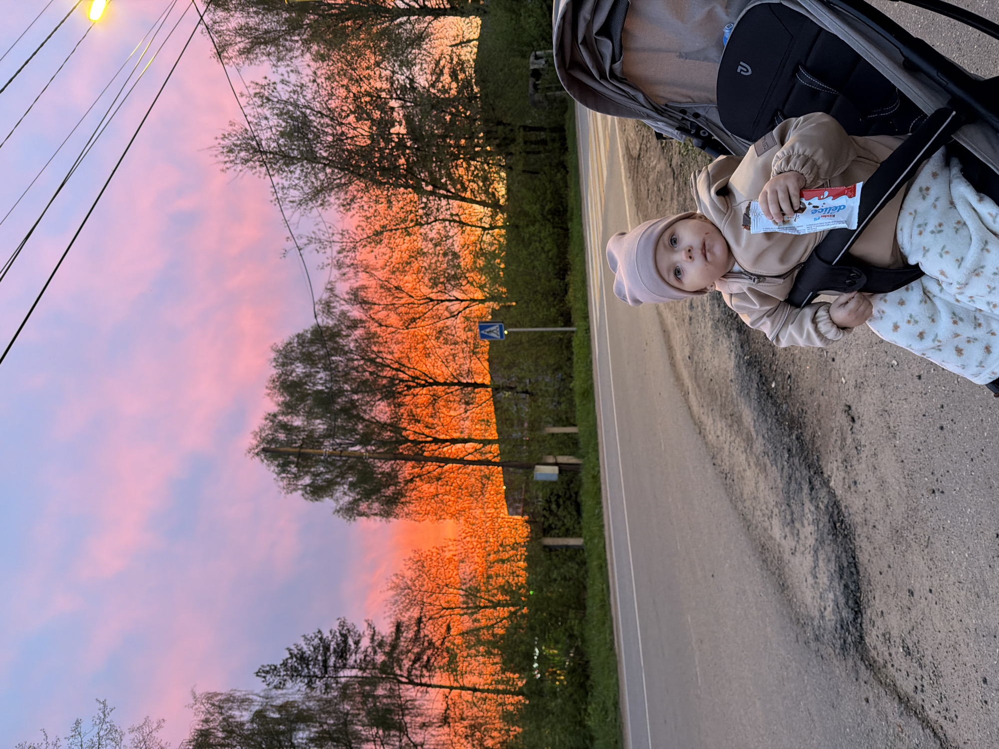 A young child sits in a stroller, holding a snack bar. The stroller is positioned on a road, next to a forested area with a pedestrian crossing sign visible. The sky features a vibrant pink and orange sunset. The image was taken in the city of Reshetnikovo, Russia.