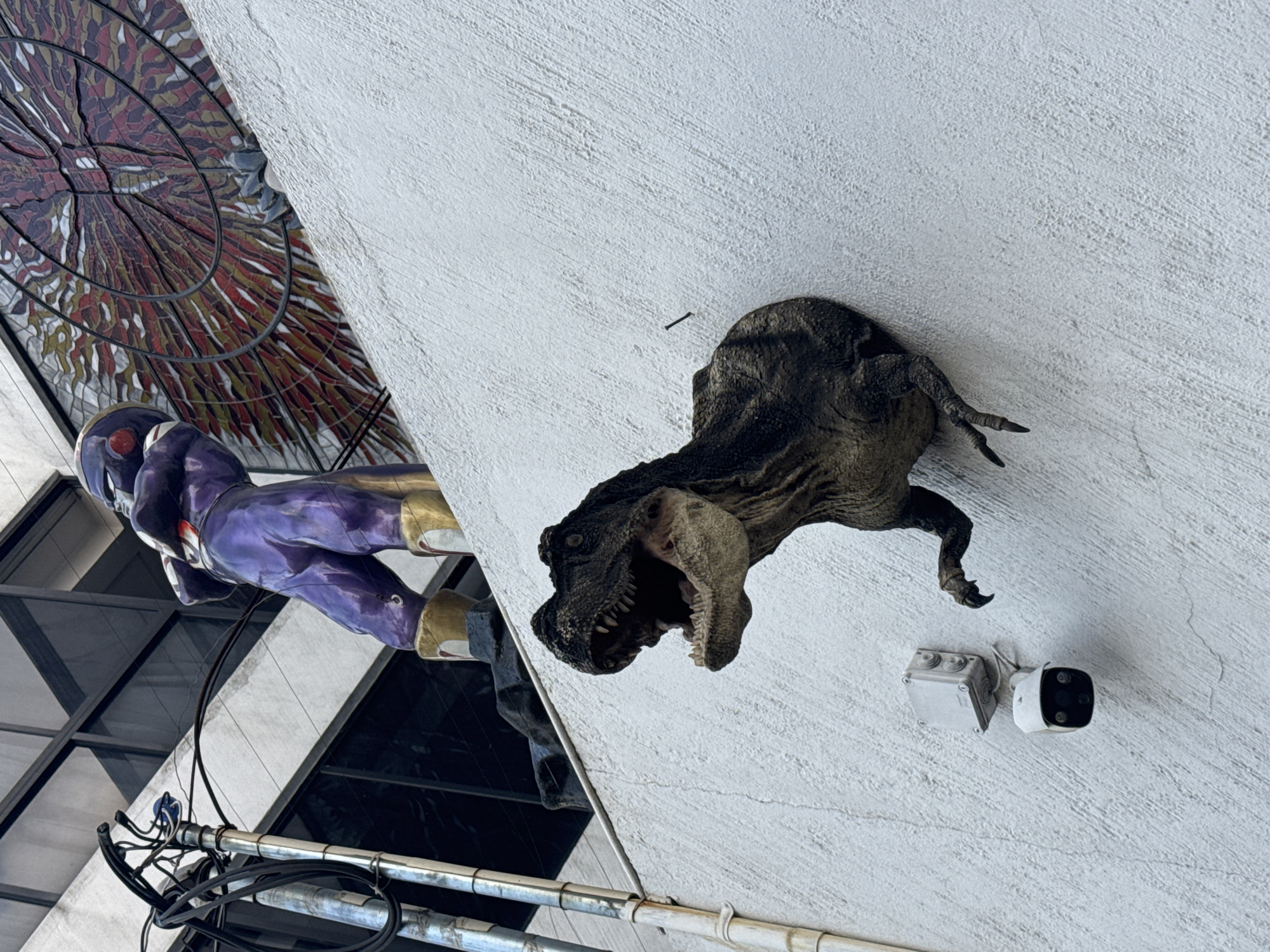 This outdoor photograph depicts an exterior scene, possibly in Mexico City, Mexico. The image is oriented from a low angle, capturing a portion of a building facade.
To the left, a stained glass art piece with circular, radial patterns in red, brown, and white is partially visible. Below this, a painted fiberglass statue of a costumed superhero is mounted on the building, angled as though it is flying upwards. The statue wears a purple bodysuit with gold boots.
On a textured white concrete wall, a fiberglass sculpture of a Tyrannosaurus Rex head emerges. The dinosaur head is detailed, with exposed teeth in its open mouth. To the right of the dinosaur are a white security camera and its electrical box, mounted on the wall.
In the foreground, scaffolding and electrical wires are arranged along the bottom, suggesting construction or maintenance activity is in progress.