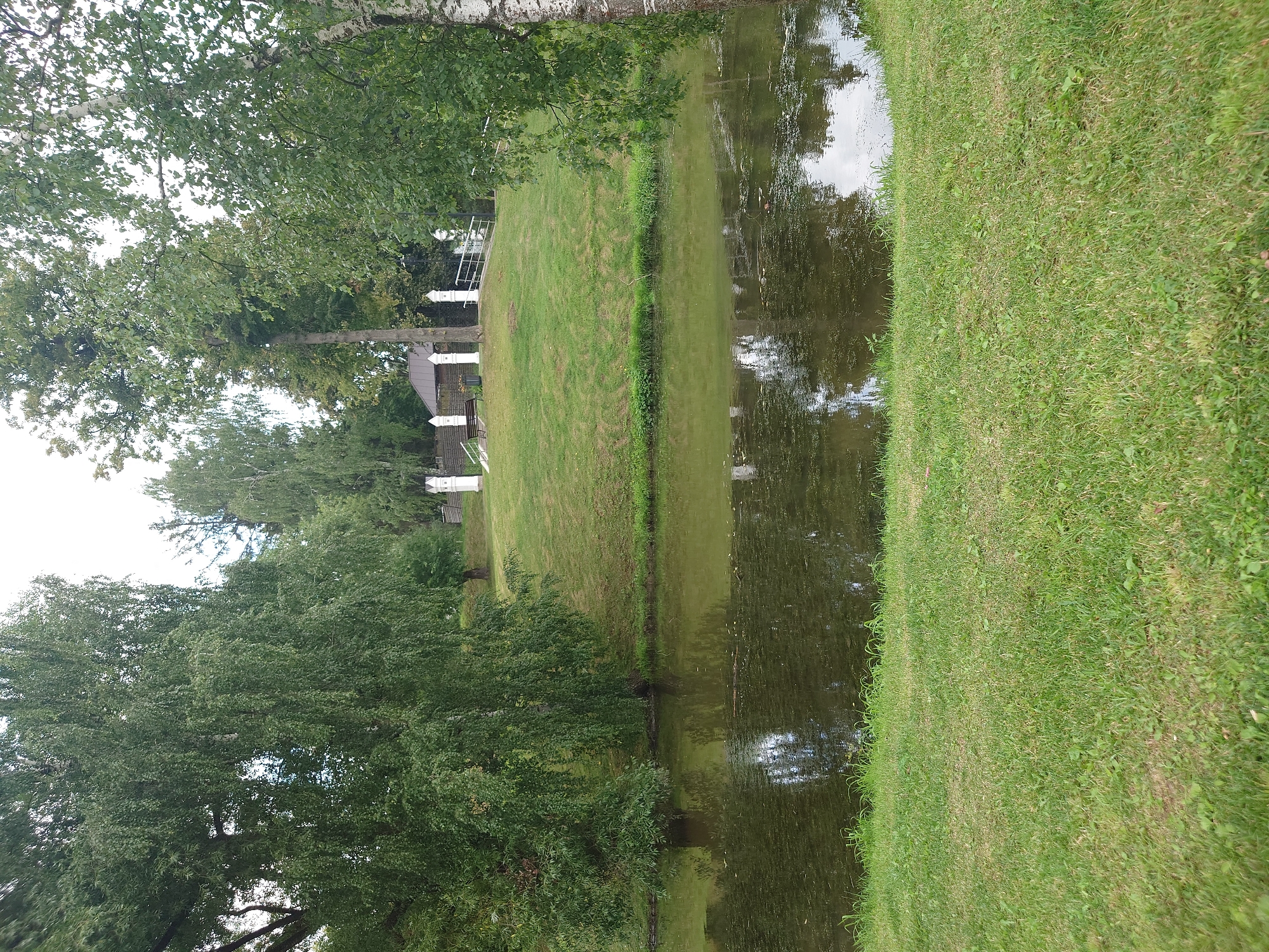 The image depicts a serene natural scene, likely in or near the city of Kommunarka, Russia, featuring a tranquil body of water reflecting the surrounding trees and sky. The foreground is dominated by a lush, green lawn, indicating a well-maintained park or garden. The middle ground reveals a calm lake or pond, its surface rippled by a gentle breeze, and the water appears slightly murky, with some debris floating on it.
Beyond the water, a grassy slope rises, adorned with mature trees that cast dappled shadows. At the crest of the slope, a small, open-sided gazebo or pavilion stands, suggesting a place for rest or contemplation. White decorative posts with ornate tops are strategically placed along a path leading to the gazebo. A wooden bench is visible near the gazebo, perhaps for visitors to enjoy the view. The background is filled with more trees, some with dense foliage, and the sky is overcast, hinting at a possibly cloudy day.
The overall impression is one of peaceful natural beauty, with elements of human design integrated into the landscape. The absence of any people in the frame contributes to the sense of quiet solitude. The scene is devoid of any explicit action or interaction, presenting a static yet inviting panorama.