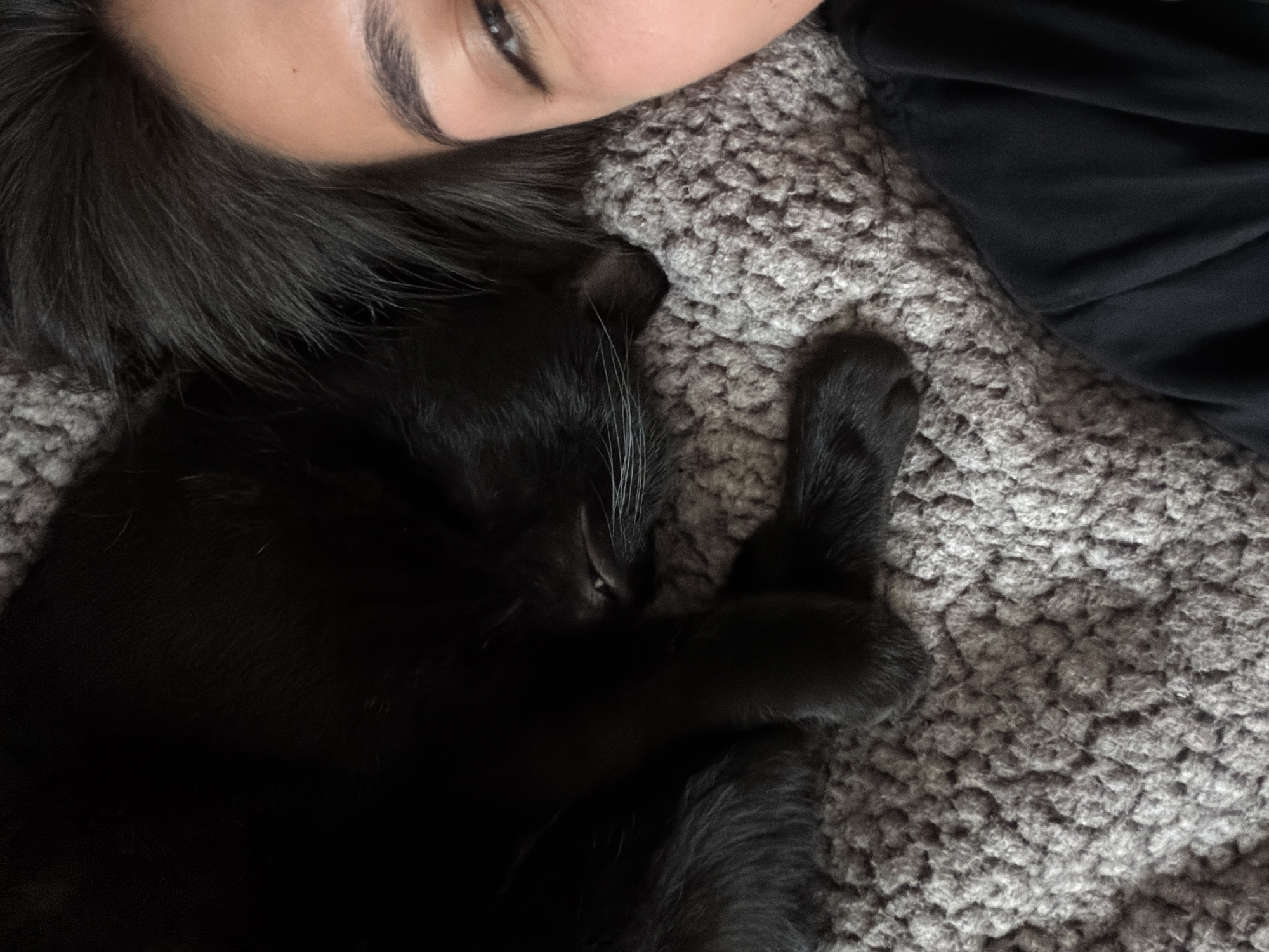 A close-up shot shows a person's face partially visible, their dark hair mingling with a black cat sleeping on a textured gray surface, possibly a blanket or rug. The person's eye is open and gazing towards the viewer, revealing a dark iris. The cat is curled up, its paws visible near the person's face. The person is wearing a dark garment on the right side of the image. The background is a gray material with a looped texture. The location is not evident from the image.