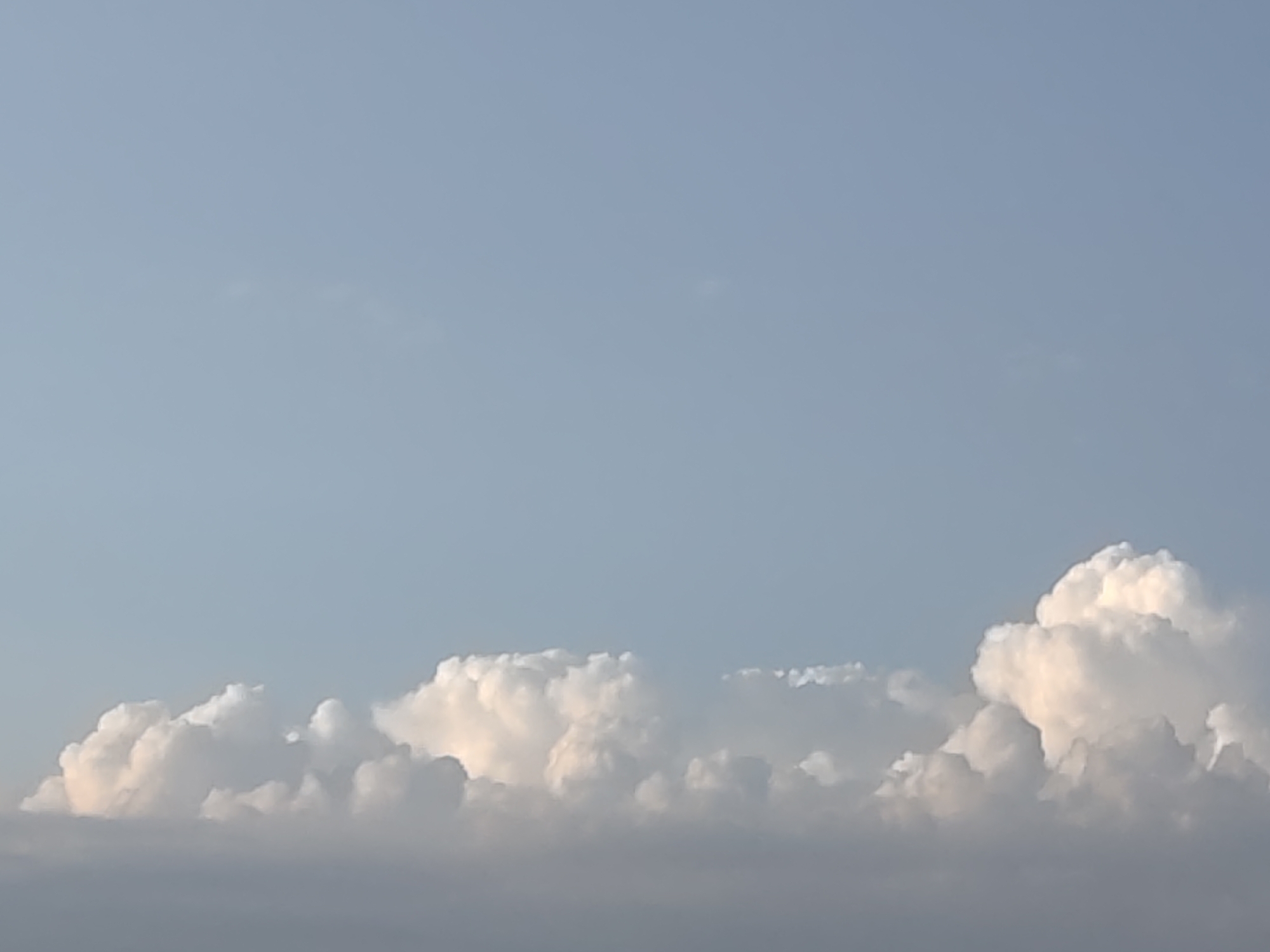 A sky scene captured from the ground level in Yuzhny, Russia, shows a clear, light blue sky with a strip of fluffy white clouds near the horizon. The clouds are illuminated from above, with some appearing brighter and whiter than others, suggesting sunlight is shining on them. The lower portion of the image is slightly out of focus and appears darker, likely representing the ground or objects closer to the viewer, but these details are indistinct. There are no people, animals, or man-made structures visible in the frame. The overall impression is of a calm, clear day with picturesque cloud formations.