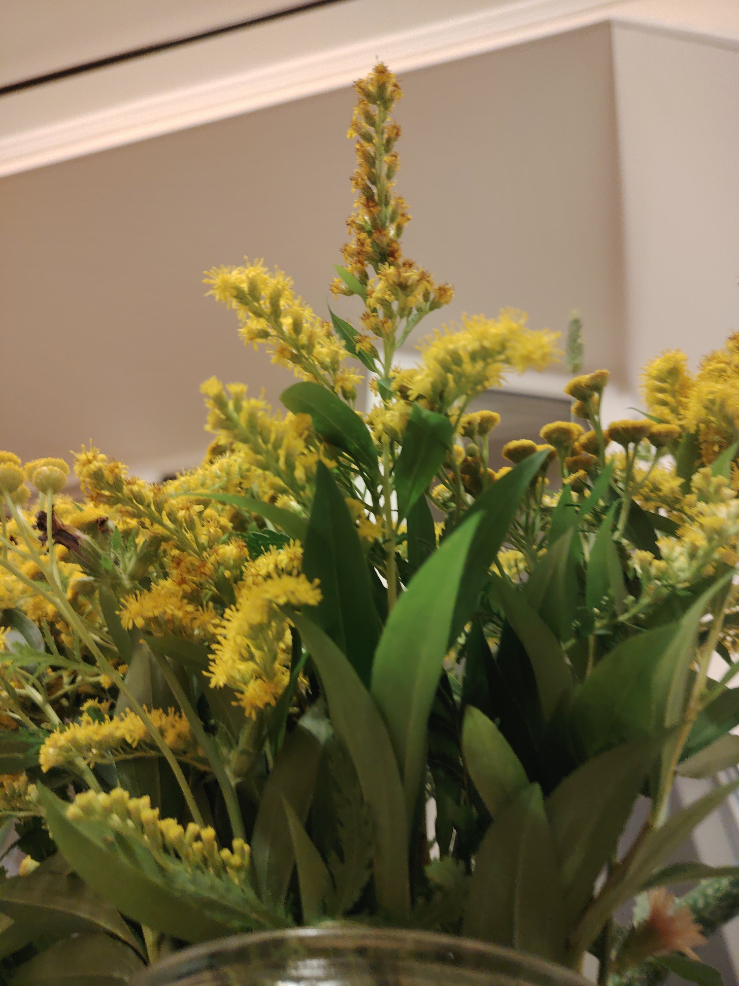A close-up, low-angle shot features a dense bouquet of bright yellow flowers with green leaves. The flowers are clustered together, with some appearing as small, feathery plumes and others as tiny, tightly packed buds. The background is blurred and consists of a neutral-colored wall and ceiling. There are no people or specific landmarks visible that would indicate a location in Konakovo, Russia. The image is a still life of a floral arrangement.