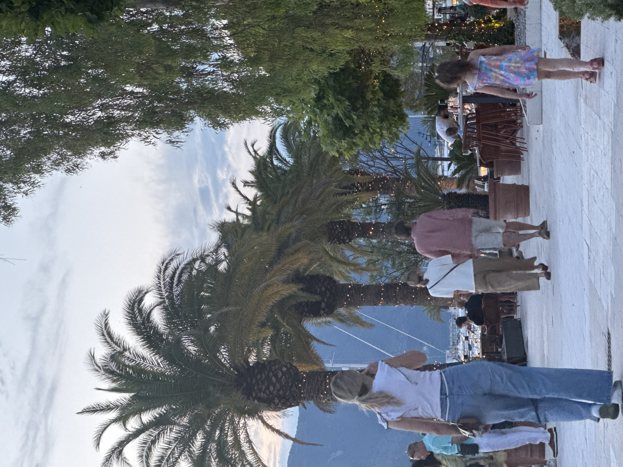This is an image capturing an outdoor scene along a promenade in Tivat, Montenegro, likely during dusk or early evening. The overall orientation of the image is vertical, but the content appears to be a landscape scene rotated 90 degrees clockwise.
In the foreground, a paved walkway dominates the lower portion of the image (when viewed upright). Several individuals are visible, including a person in a white t-shirt and blue jeans, another in a pink shirt and white shorts, and a third in a white shirt and tan trousers. They appear to be strolling casually along the path.
The midground features numerous tall palm trees, several of which are wrapped with decorative string lights that are illuminated, suggesting the transition from day to night. Other leafy green trees are also interspersed. An outdoor dining area with tables and chairs, some stacked, is visible, and a child in a colorful patterned dress is standing near this area. Another person is seated at one of the tables.
In the background, a body of water, likely a marina, can be seen with several boats docked. Behind the marina, distant mountains rise under an overcast sky with some visible cloud formations. The lighting indicates that it is either late afternoon or early evening, as there is still natural light, but the artificial string lights are on. No discernible text is visible in the image. The atmosphere appears relaxed and leisurely, characteristic of a waterfront promenade.