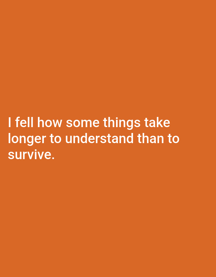The image shows white text on an orange background. The text reads: "I fell how some things take longer to understand than to survive." The background is a solid, untextured orange color, suggesting a digital image or a plain painted surface. There are no discernible elements of the city of Genteng, Indonesia, or any environmental features present in the image. The image contains only text and its background.