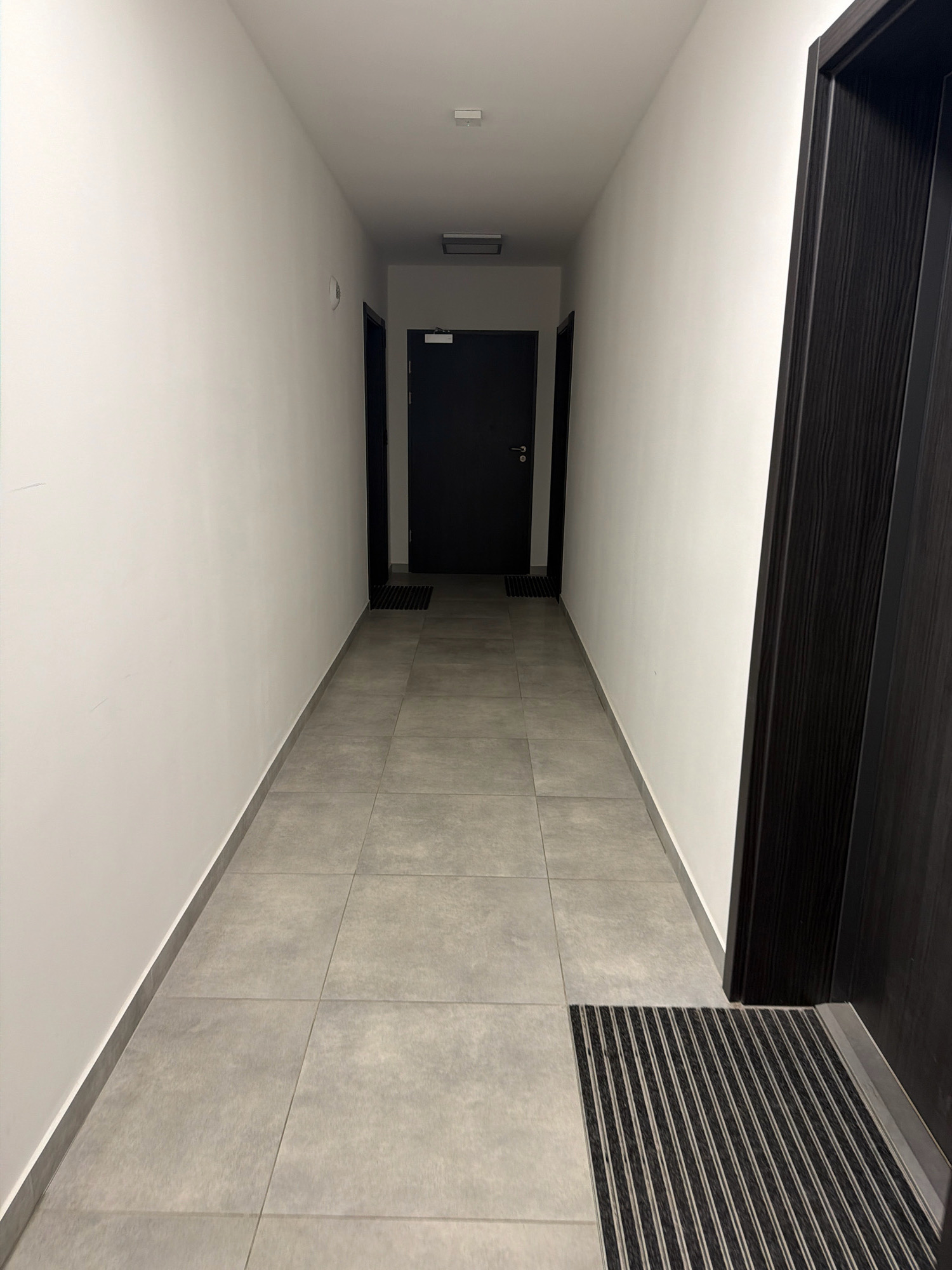 The image shows an interior hallway with a dark wood door on the right and a white wall on the left. The hallway extends into the distance with two dark doors visible at the end, each with a push bar. The floor is tiled with large grey square tiles. A black and grey striped doormat is placed on the floor near the right doorway. The ceiling has a white finish with a rectangular light fixture and a small square smoke detector. The scene appears to be located in a residential or commercial building. No people are visible. The environment is clean and well-lit. There are no discernible identifying features that would place this scene specifically in Wrocław, Poland.