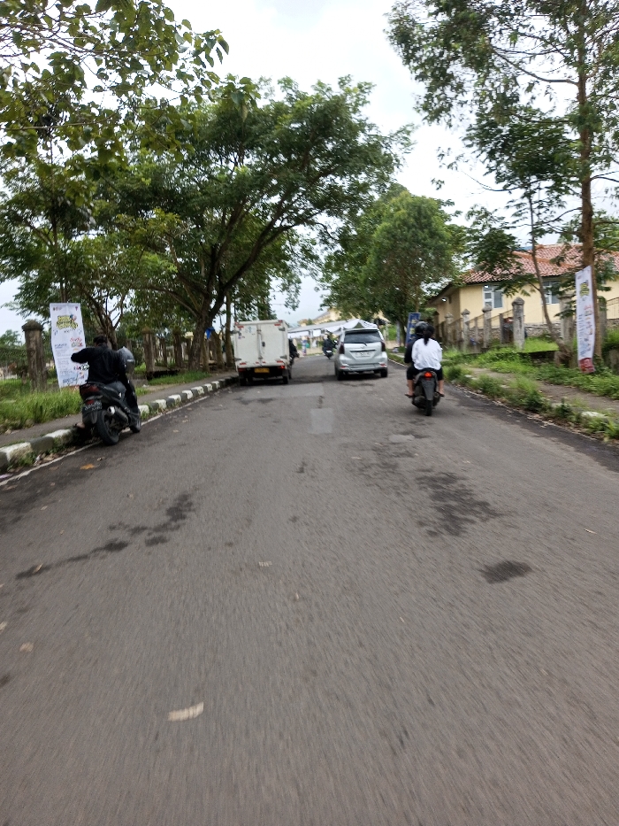The image displays a two-lane asphalt road in Melakudikadu, India, under an overcast sky. The road surface shows areas of wear and dark stains. White-painted curbs line both sides of the road, separating it from grassy verges populated by numerous tall, green trees.
On the left side of the road, a person wearing a dark jacket and helmet is seated on a black scooter, stopped or parked near the curb, facing away from the camera. Immediately behind this scooter, a large vertical banner with colorful text and graphics is affixed to a pole. Further down the left side, a white box-style utility van is positioned, followed by a silver SUV, both oriented away from the camera.
On the right side of the road, a person in a white shirt and dark helmet is riding a black scooter, also moving away from the camera. In the background on the right, a light-colored building with a terracotta-tiled roof is visible behind a stone fence and additional trees. Another vertical banner is partially visible near the building on the right. The overall scene indicates active road use within a vegetated environment.