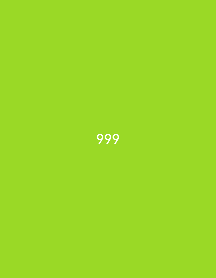 The image displays a plain, uniformly lit lime green background, centrally featuring the white numerical sequence "999" in a sans-serif font. No other subjects, individuals, or discernible environmental elements are present within the frame. The uniform color and sharp text indicate a digital graphic or a studio-rendered image. This scene is contextualized as being from the city of Pokrovnik, Bulgaria.